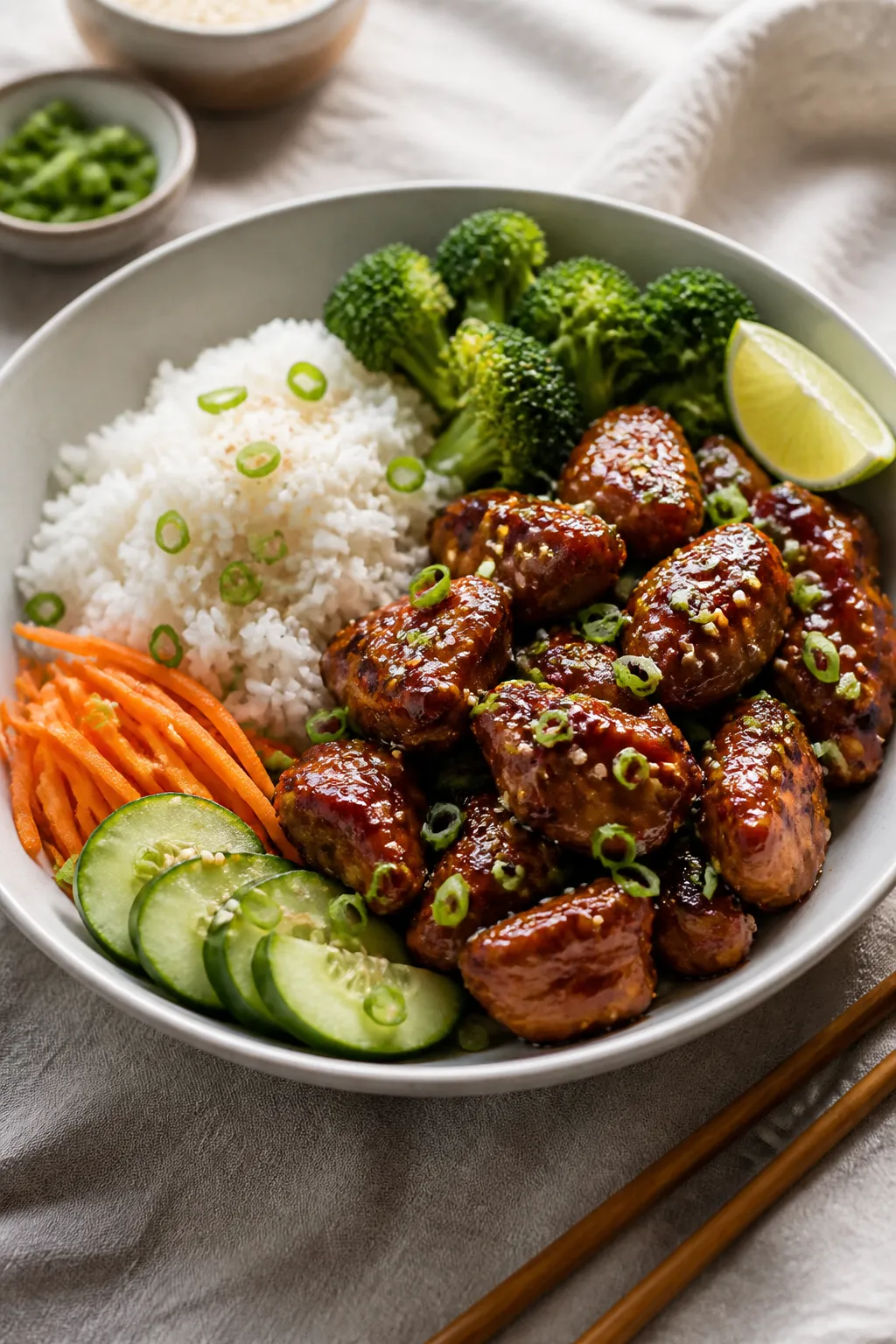 Final dish, plated bowl: Sticky Honey Garlic Chicken Bowl beautifully arranged in a matte white shal