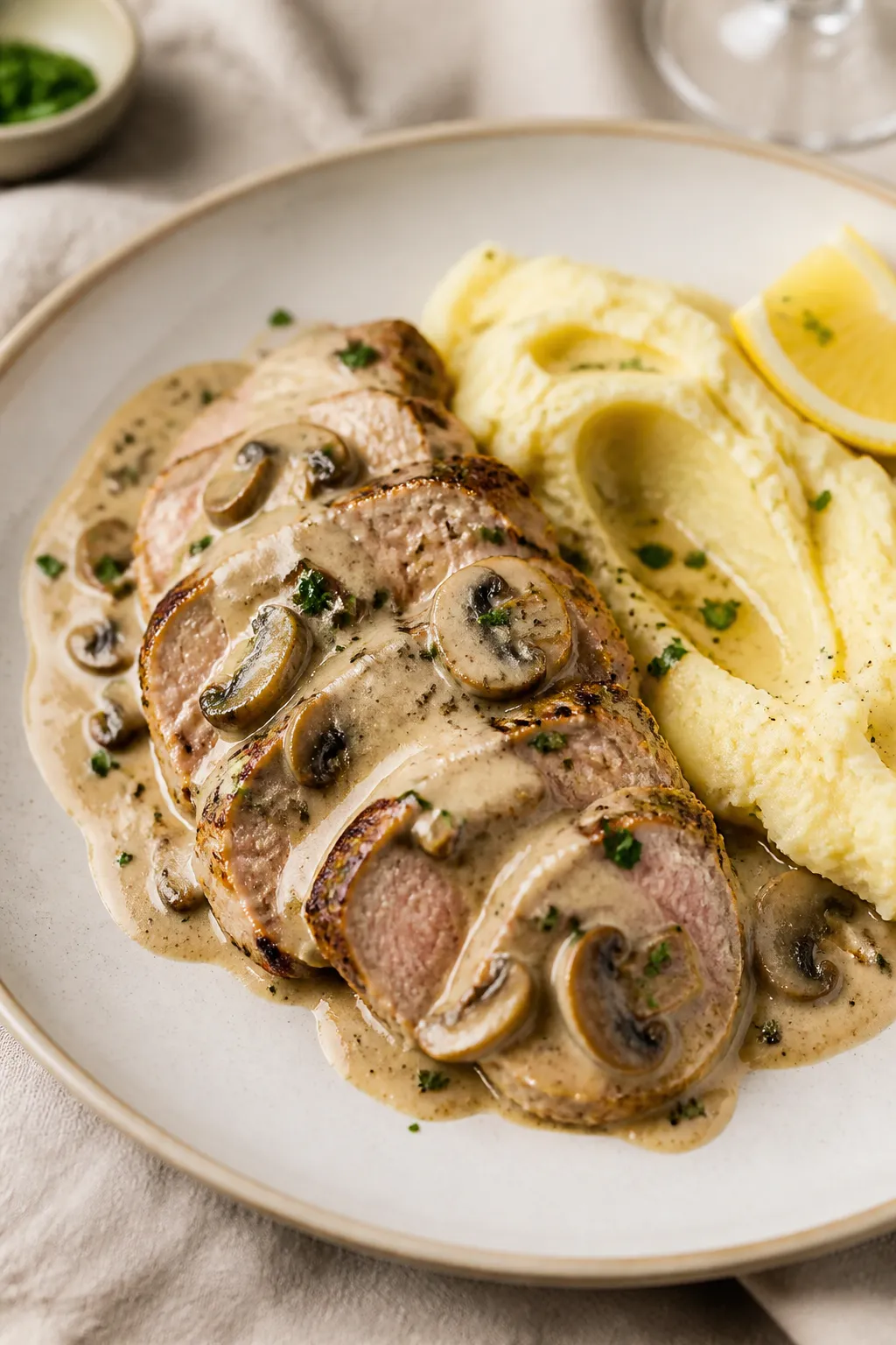 Final dish, plated elegance: Sliced pork tenderloin medallions (slightly rosy centers) fanned on a w