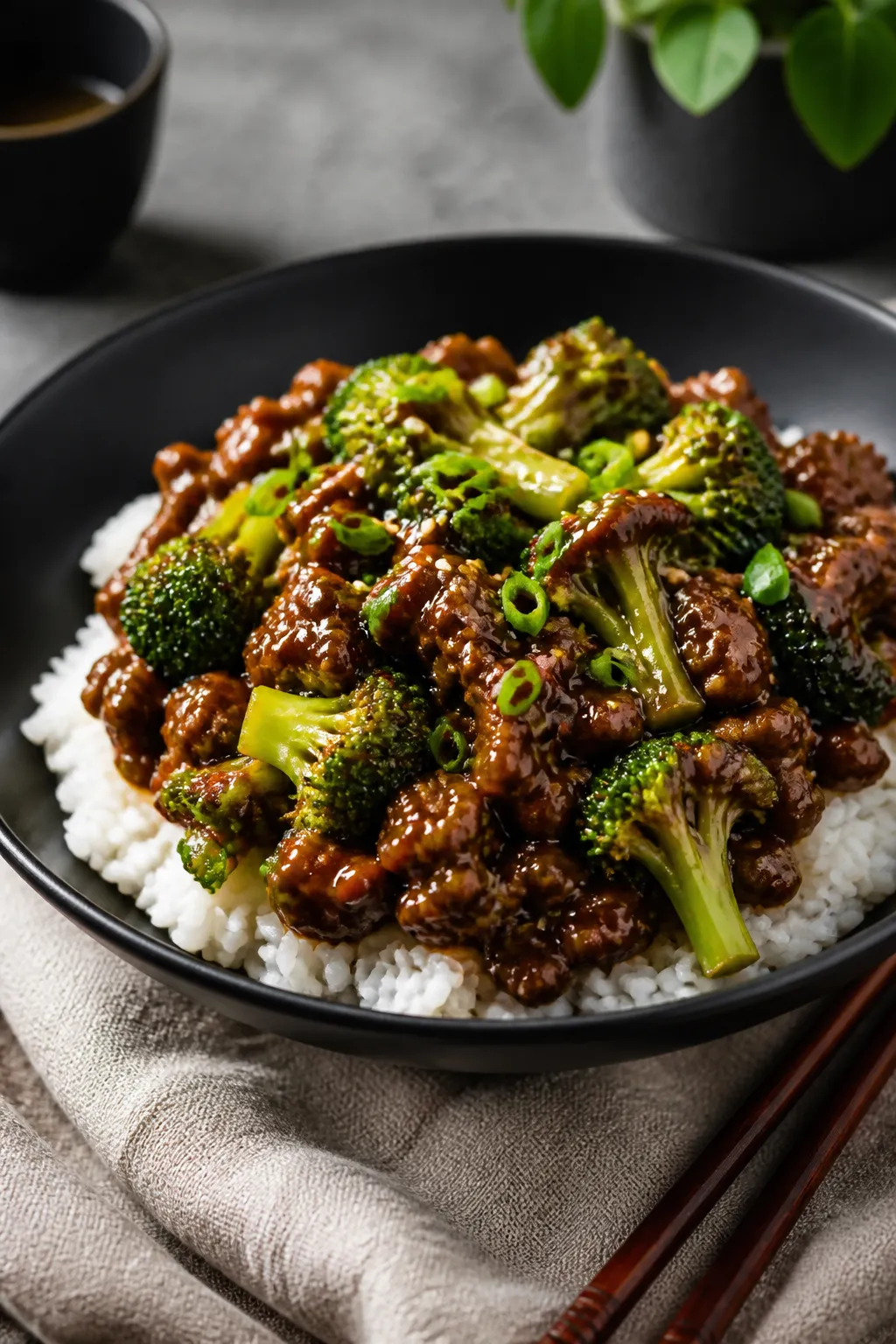 Final dish, plated restaurant-style: Beautifully plated Ground Beef and Broccoli Stir Fry mounded ov