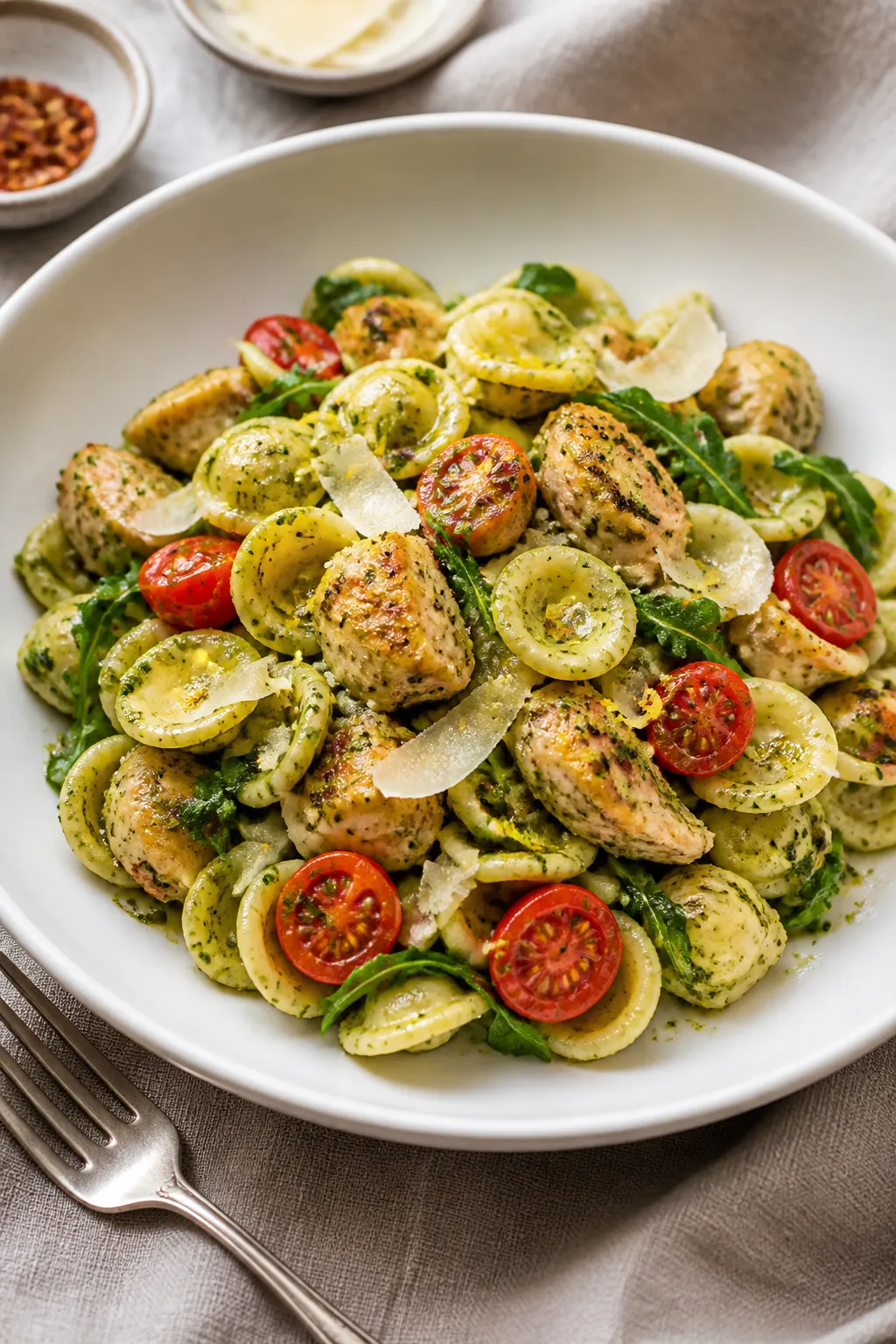 Final dish presentation, : A neatly twirled mound of pesto-coated orecchiette with tender browned ch