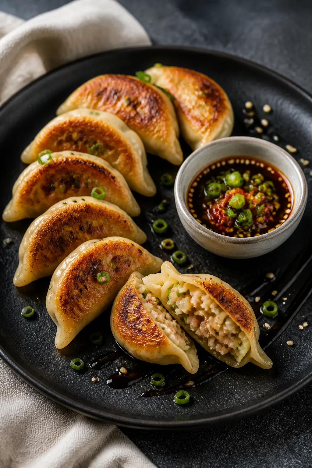 Final dish presentation: Beautifully plated chicken potstickers arranged in a crescent on a matte bl