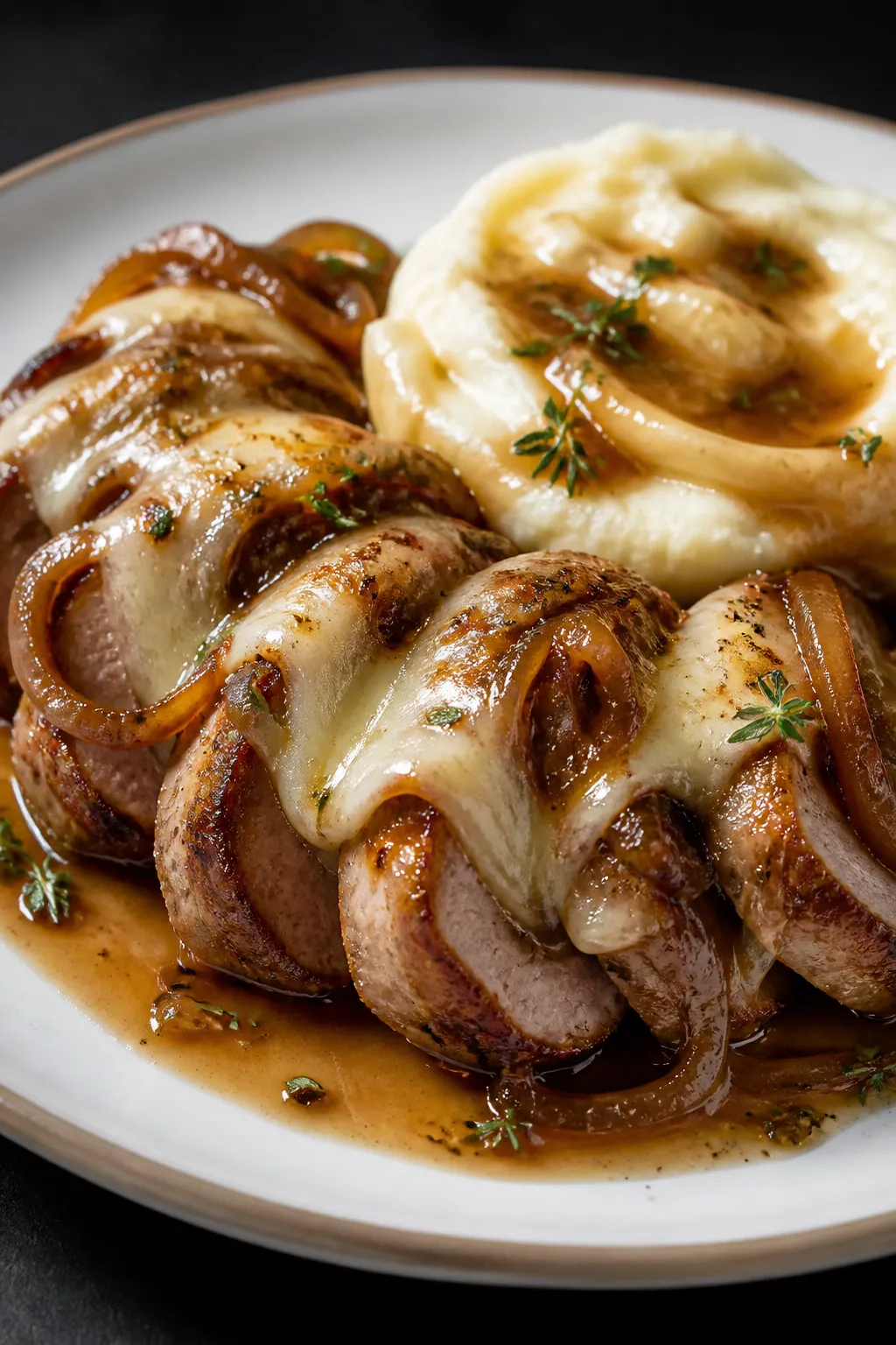Final dish presentation: Beautifully plated French Onion Pork Tenderloin on a white rimmed plate—n