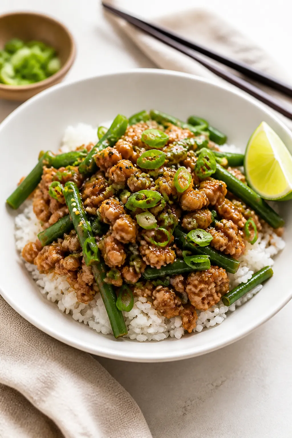 Final dish presentation: Beautifully plated Ground Chicken and Green Bean Stir Fry over fluffy jasmi