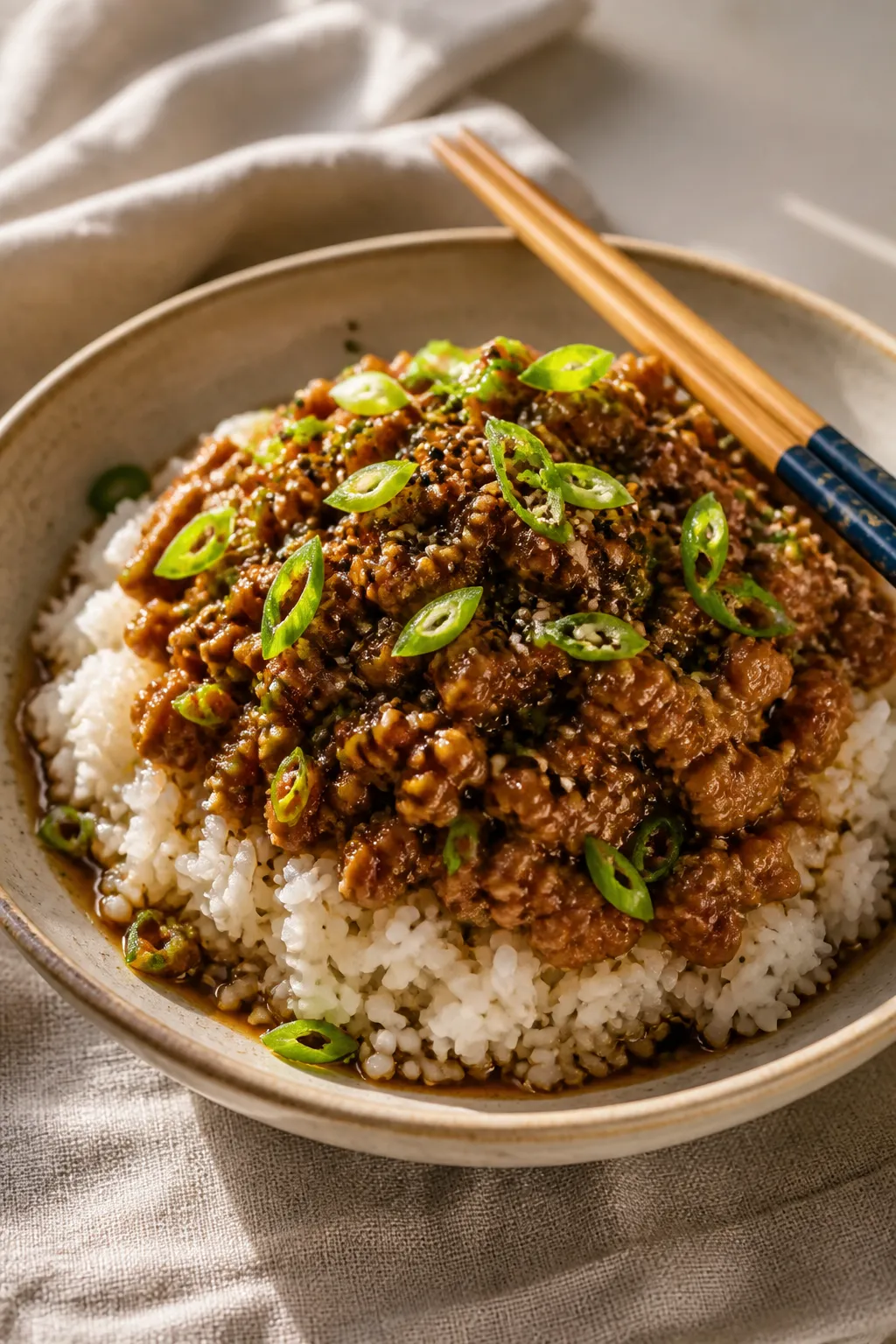Final dish presentation: Beautifully plated ground chicken teriyaki over fluffy steamed jasmine rice