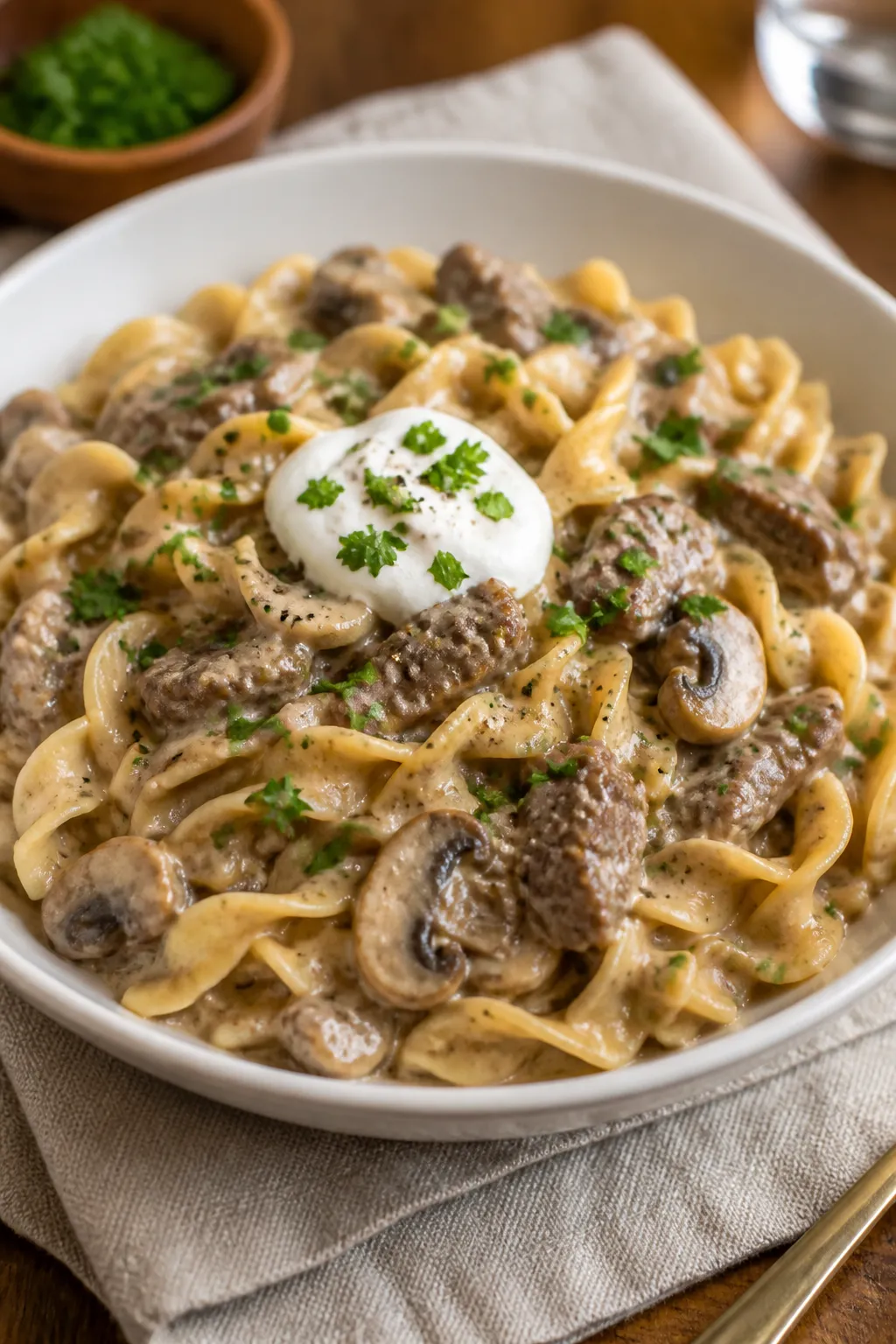 Final dish presentation: Beautifully plated Healthy Beef Stroganoff Skillet in a wide, shallow white