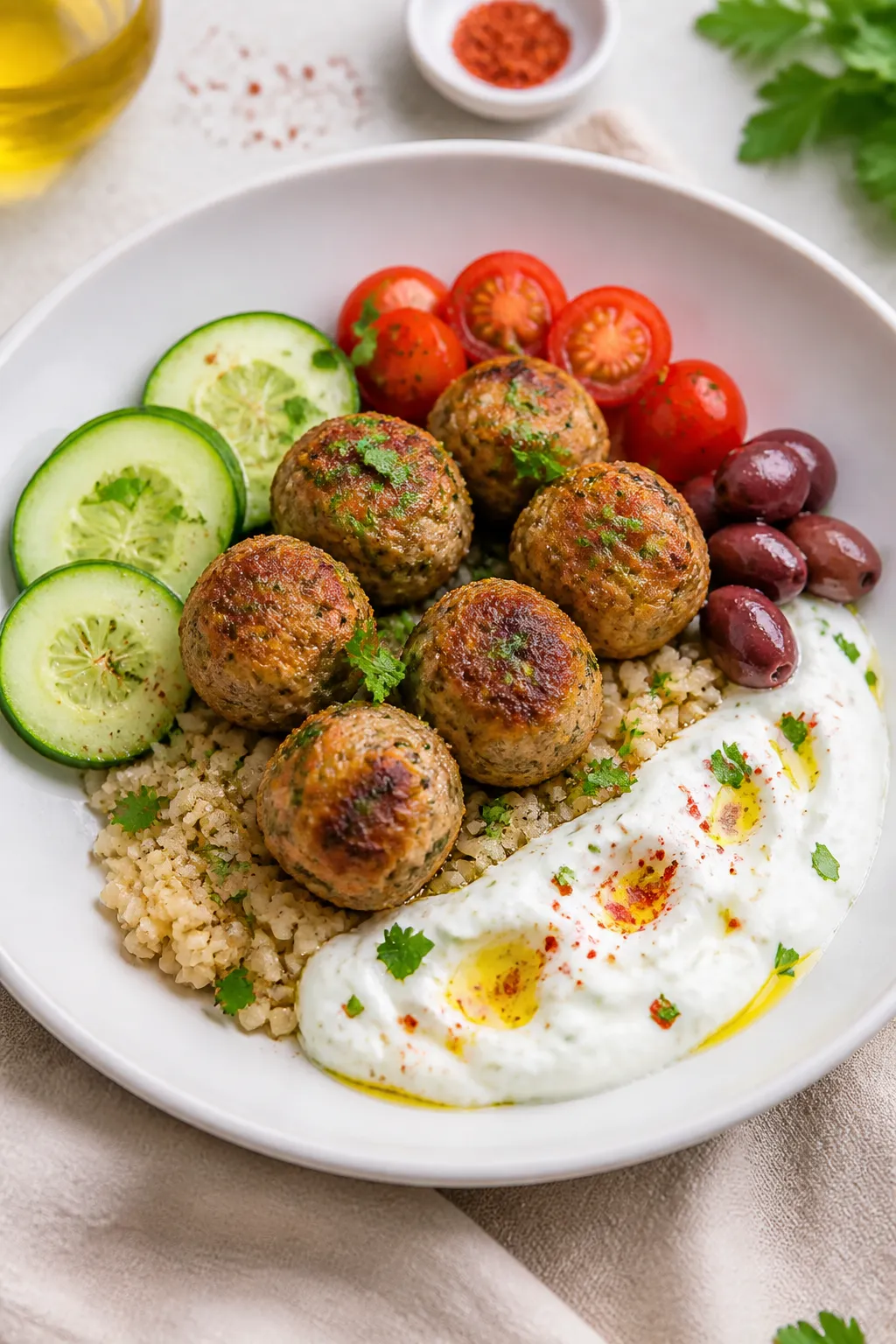 Final dish presentation: Beautifully plated Mediterranean bowl featuring juicy chicken meatballs nes