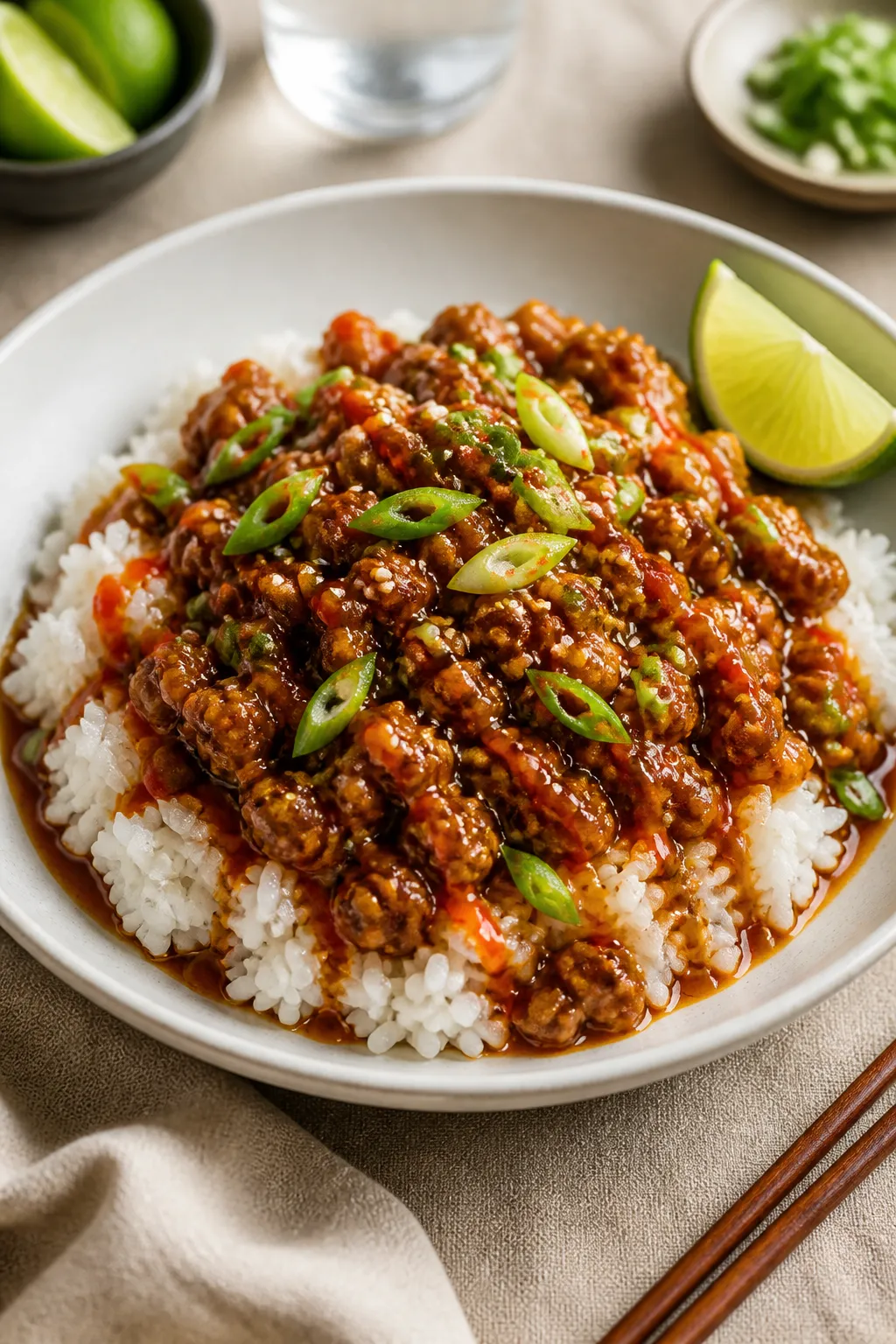Final dish presentation: Beautifully plated Sticky Honey Garlic Ground Chicken Bowl over fluffy jasm