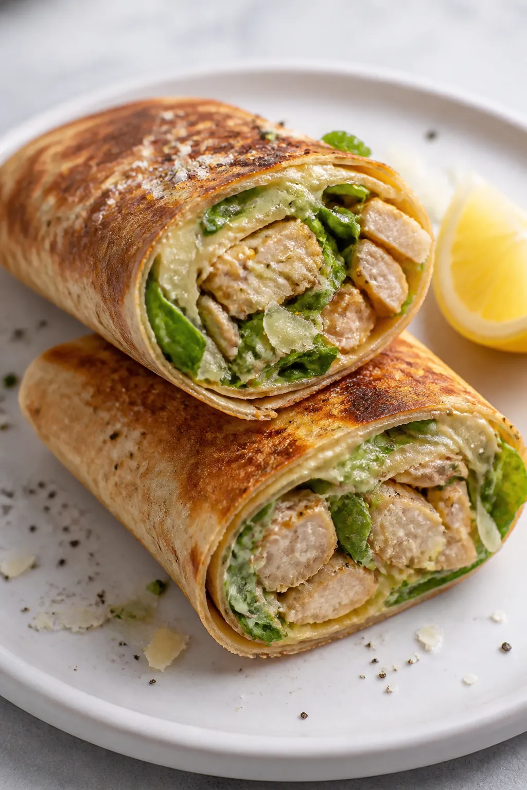 Final dish presentation: Café-style Ground Chicken Caesar Wrap, seam-side seared for a light toast,
