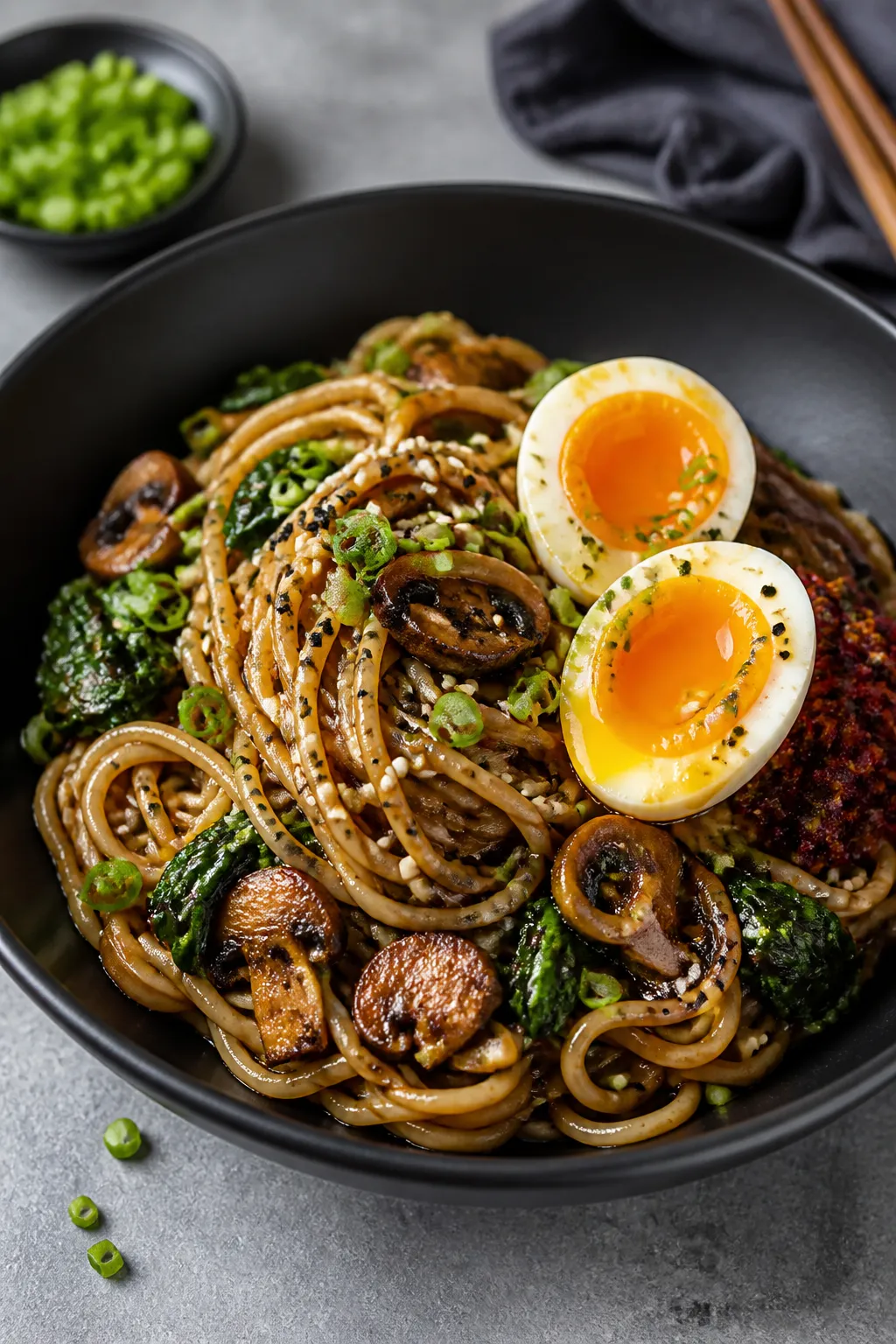 Final dish presentation: Garlic Mushroom Ramen Noodles twirled into a high nest in a matte black bow