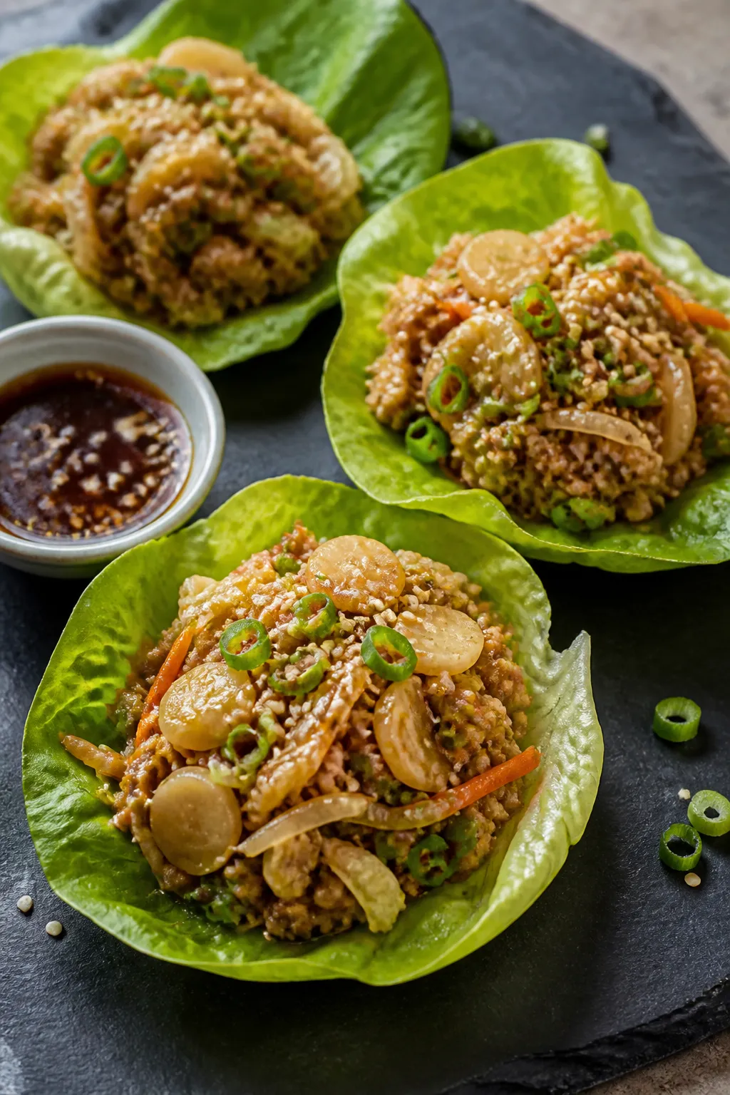 Final dish presentation: Lettuce-cup version of Ground Chicken Egg Roll in a Bowl, three crisp butte