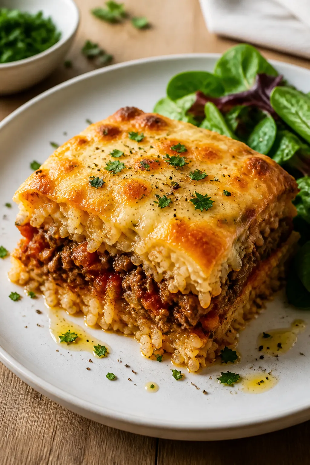 Final dish presentation, plated serving: A generous square of beef and rice casserole on a wide, war