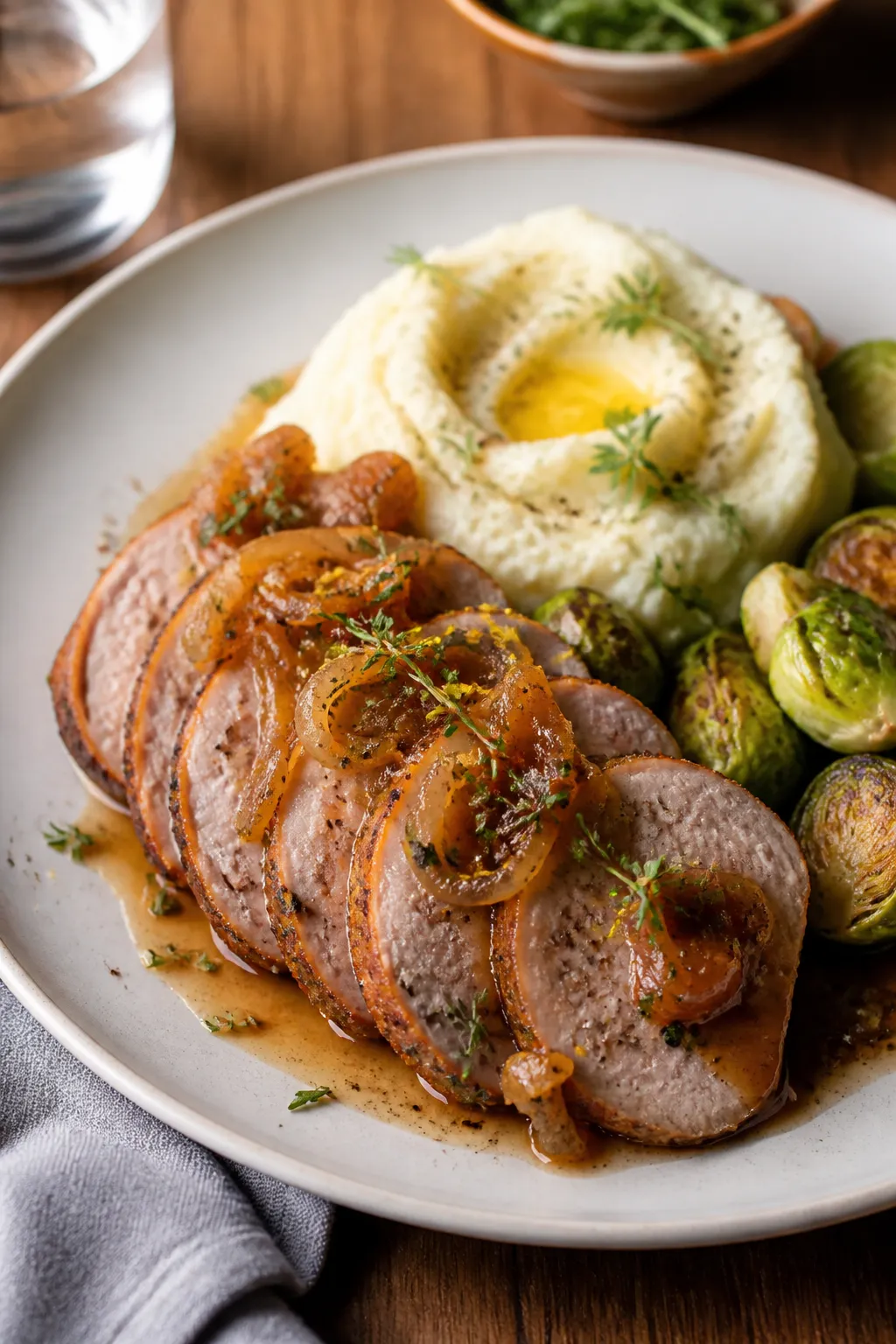 Final dish presentation: Restaurant-quality plate of pork tenderloin with caramelized onions, arrang