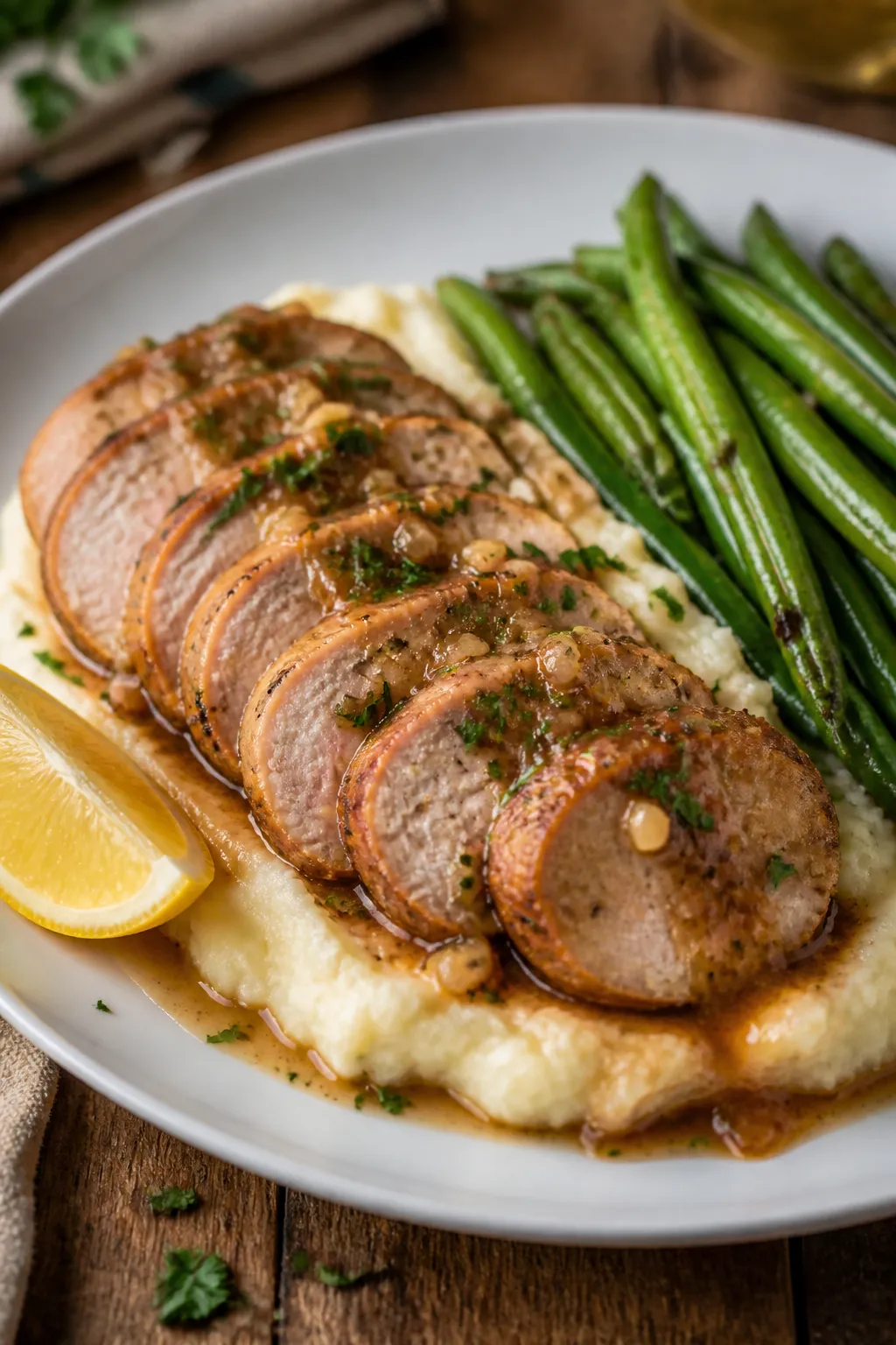 Final dish presentation: Restaurant-quality plate of Million Dollar Pork Tenderloin medallions fanne