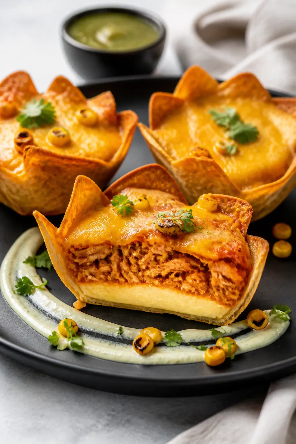 Final dish presentation: Restaurant-quality plate-up of three tortilla-based taco cups on a matte ch