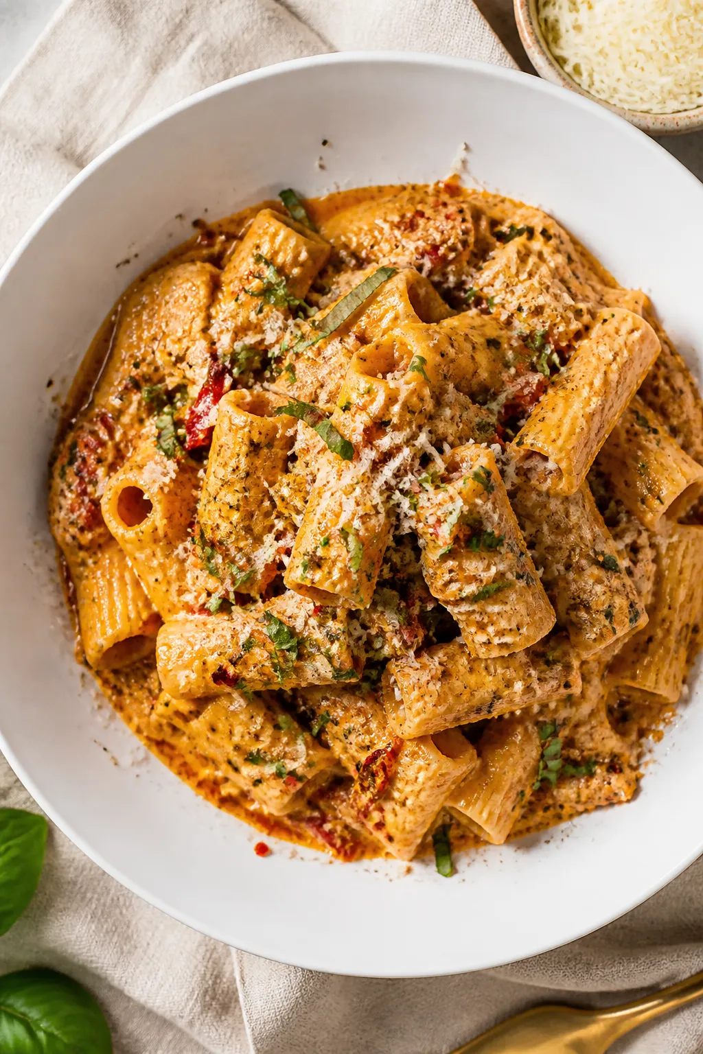 Final dish presentation: Restaurant-quality plate of Marry Me Chicken Pasta twirled into a high nest