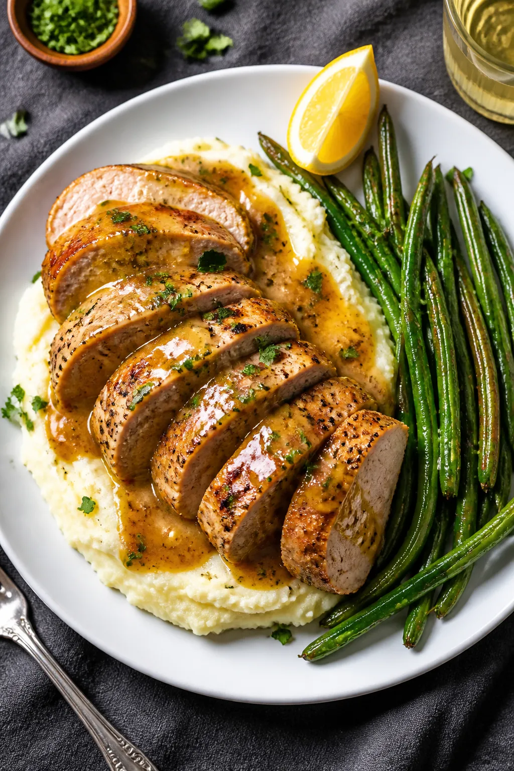 Final dish presentation: Restaurant-quality plate of garlic butter pork tenderloin medallions fanned