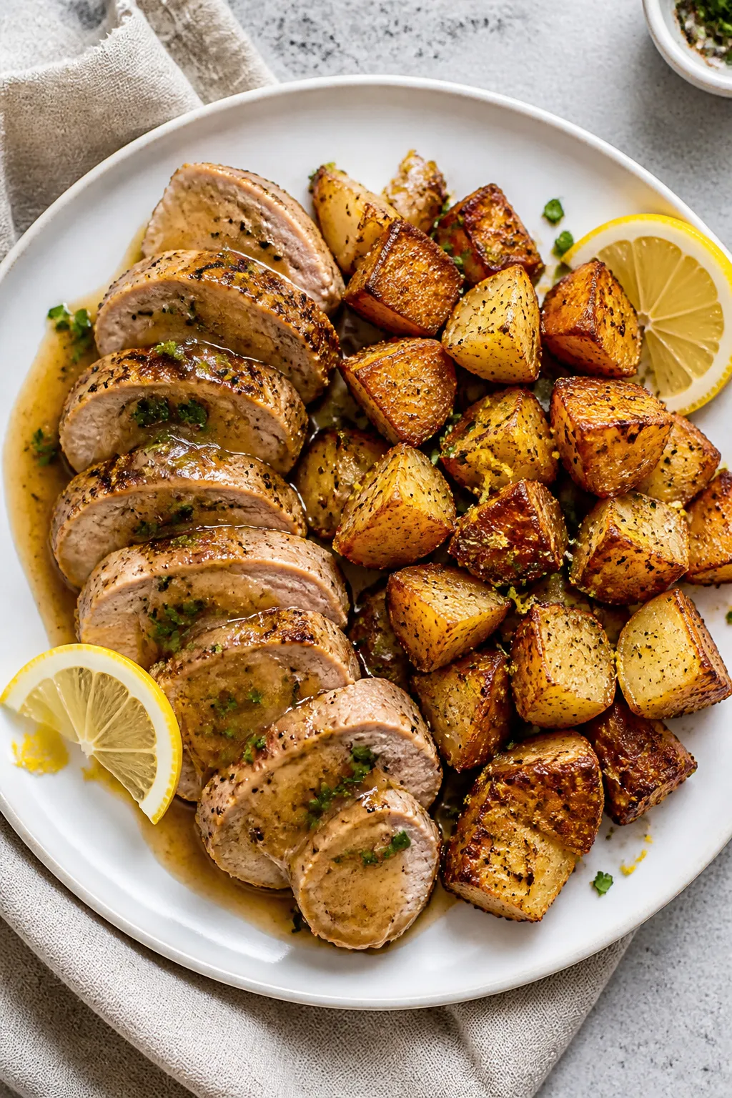 Final dish presentation: Restaurant-quality plated Garlic Butter Pork Tenderloin and Potatoes—fan