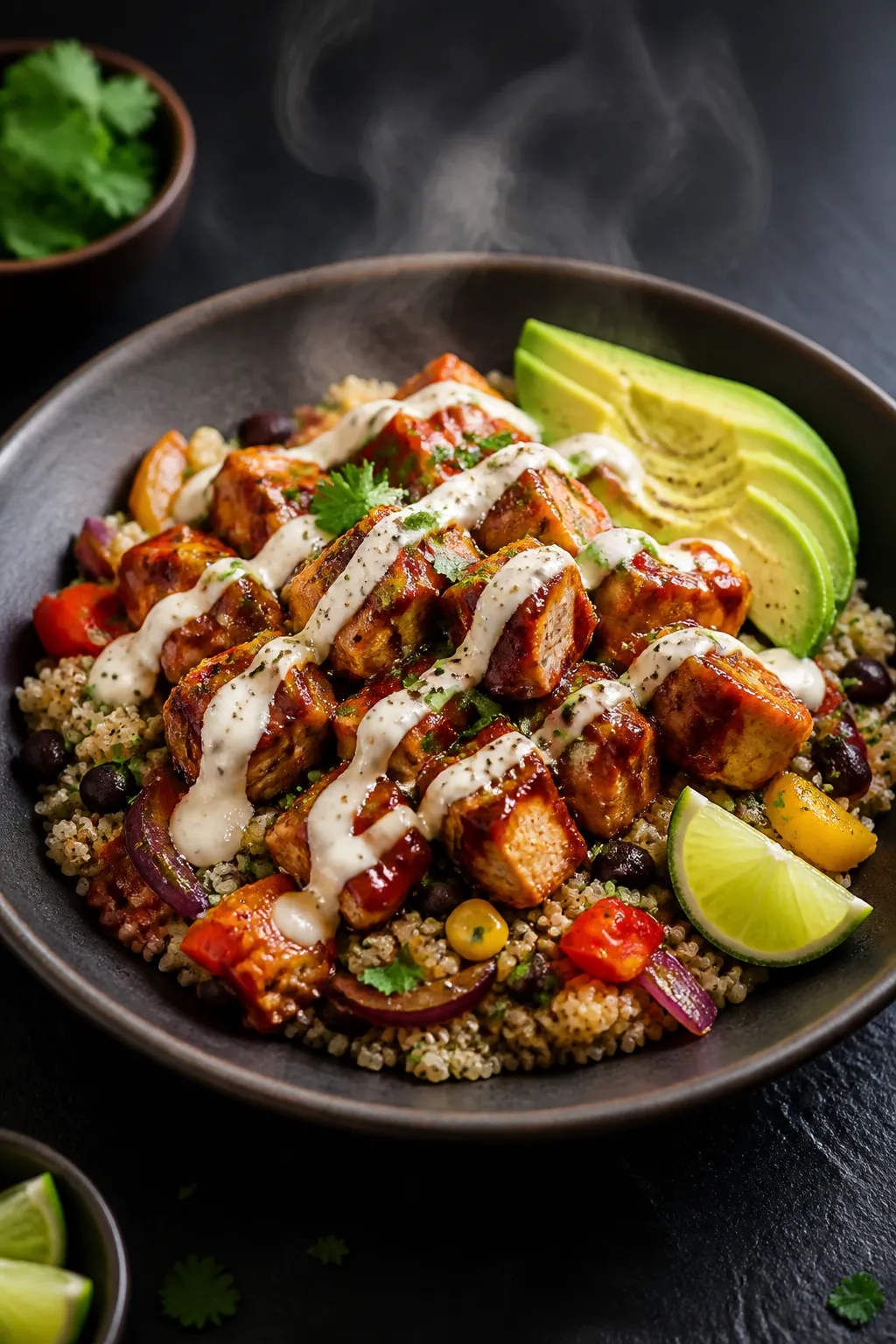 Final dish presentation: Restaurant-quality plated BBQ Chicken Bowl on a matte ceramic plate—cilan