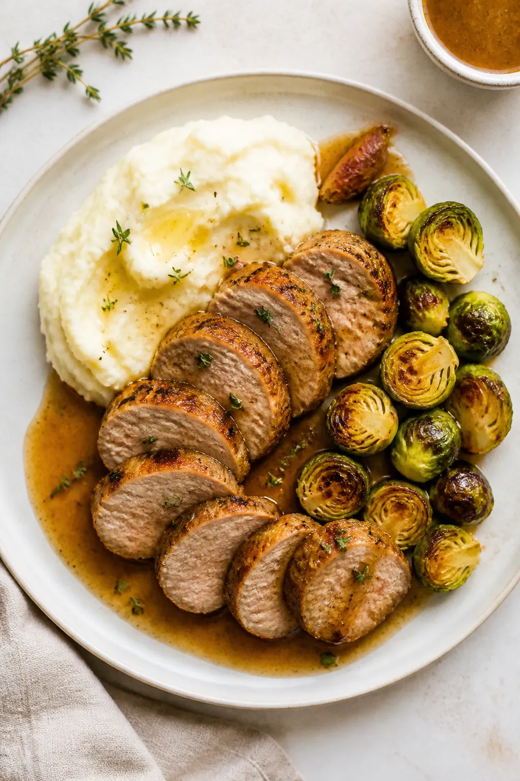 Final dish presentation: Restaurant-quality plated pork tenderloin with fan-arranged medallions on a
