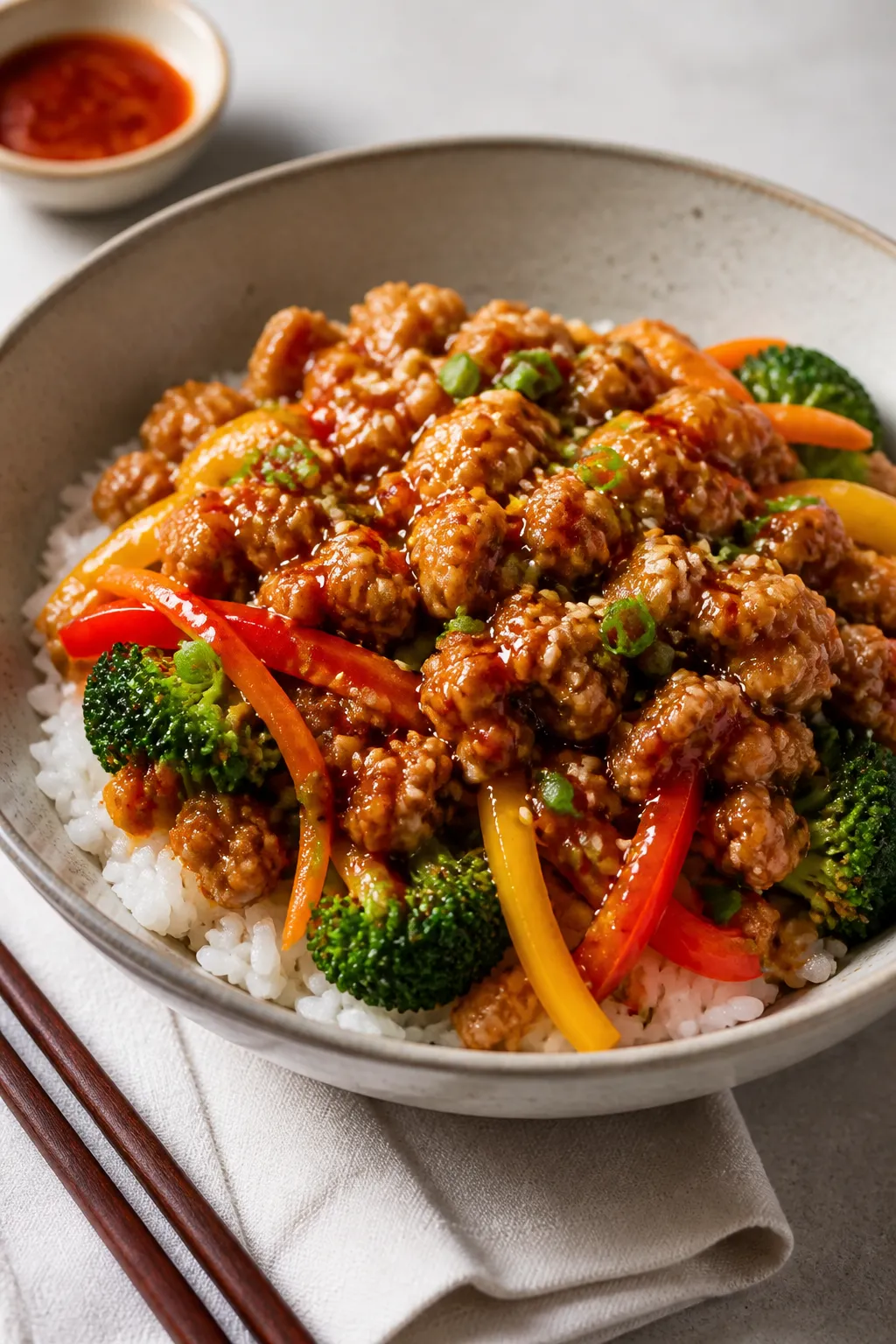 Final dish presentation: Restaurant-quality plated sweet chili ground chicken bowl in a wide, shallo