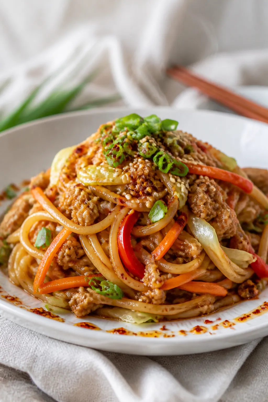 Final dish presentation: Restaurant-quality plated Ground Chicken Lo Mein twirled high in a shallow 