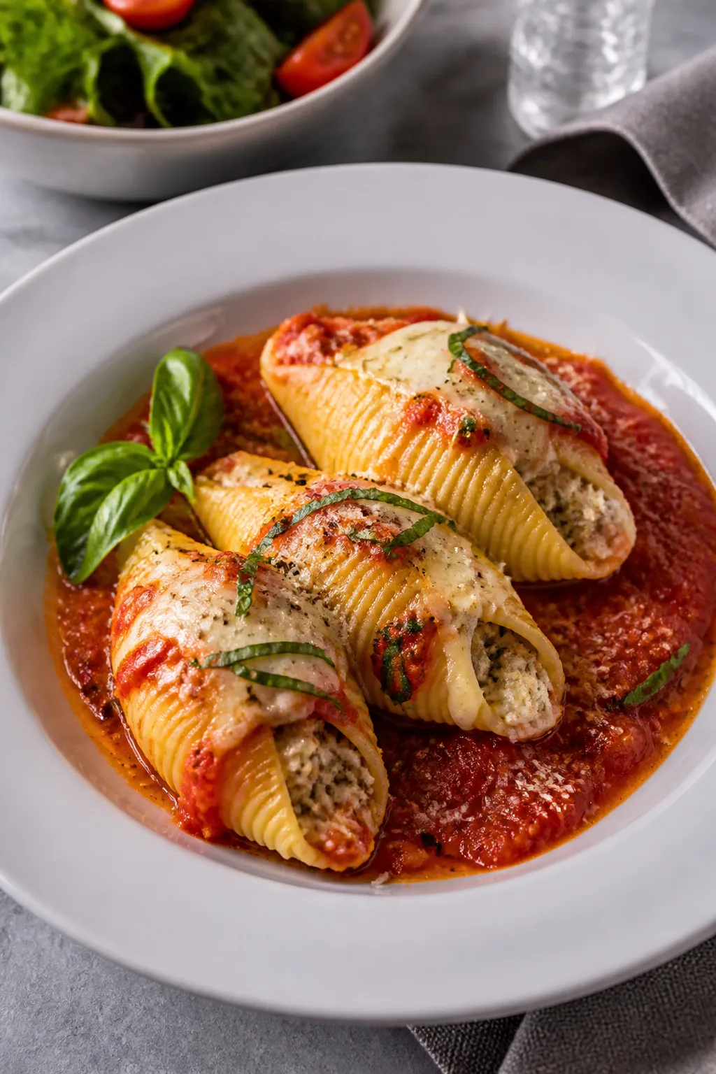 Final dish presentation: Restaurant-quality plated serving of Ground Chicken Stuffed Shells—three 