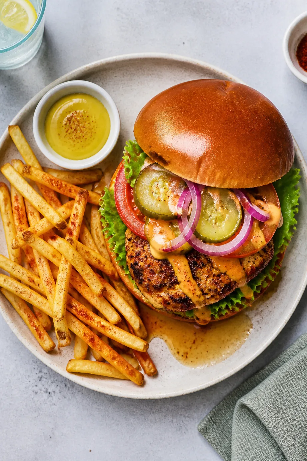 Final dish presentation: Restaurant-quality plated chicken burger on a toasted brioche bun layered w