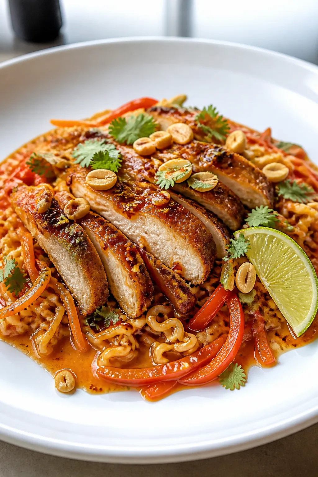 Final dish presentation: Restaurant-quality plated Ramen Noodle Pad Thai on a wide, white rimmed pla