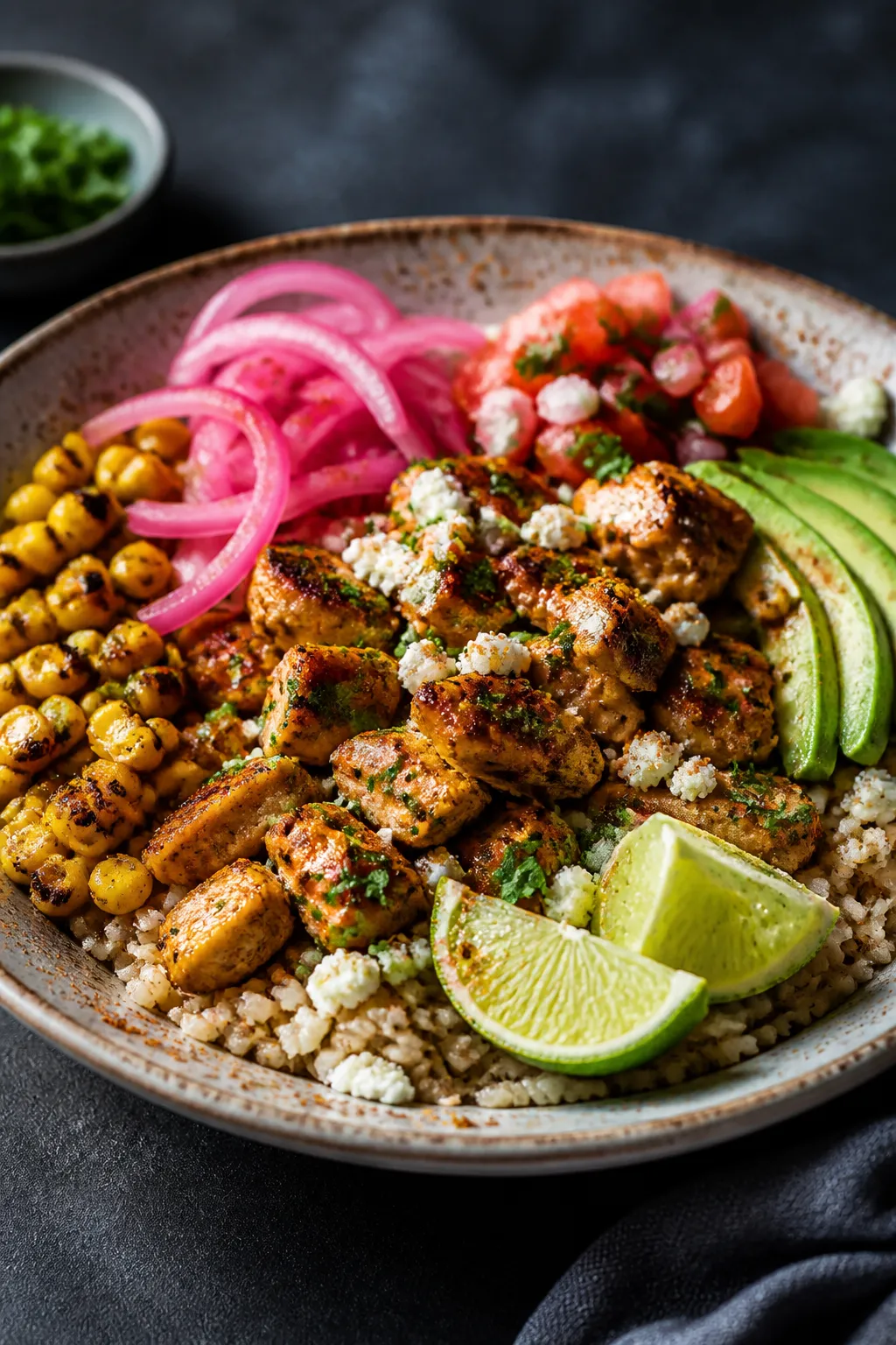 Final dish presentation: Restaurant-quality plating of a Chipotle-lime variation bowl—brown rice, 