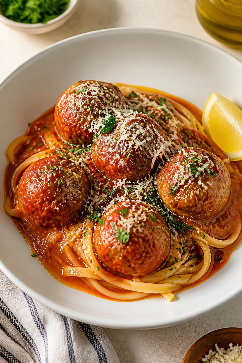 Final dish presentation: Tender chicken meatballs simmered in glossy marinara, nestled in a wide, sh