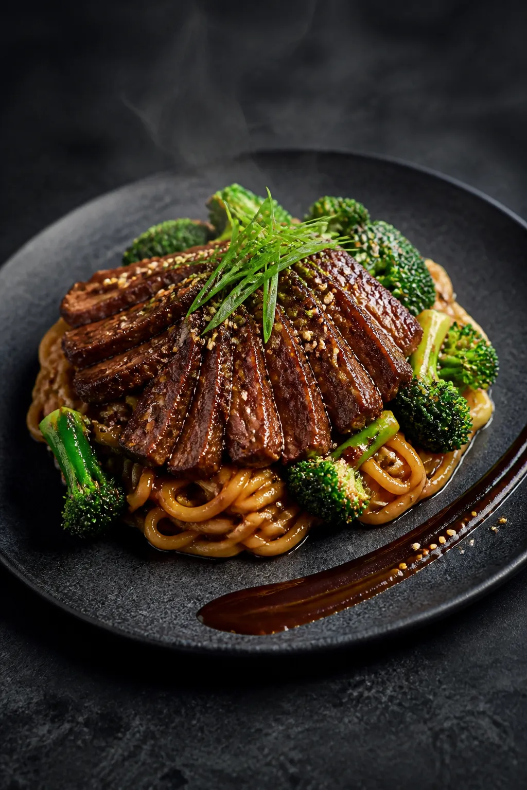 Final dish restaurant presentation: Beautifully plated Beef and Broccoli variation of Easy Ramen Lo 
