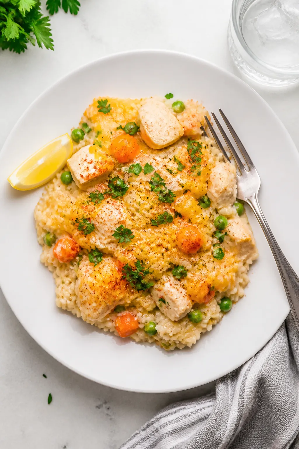 Final dish, tasty top view — plated comfort-food serving: Overhead shot of a generous serving of C