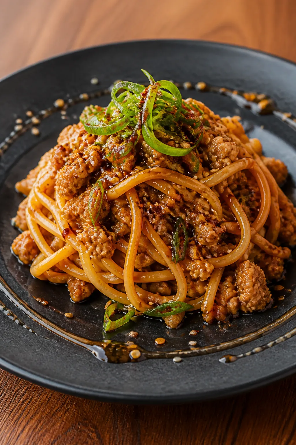 Final plated, : Beautifully plated ground chicken stir fry tossed with lo mein noodles, sauce clingi