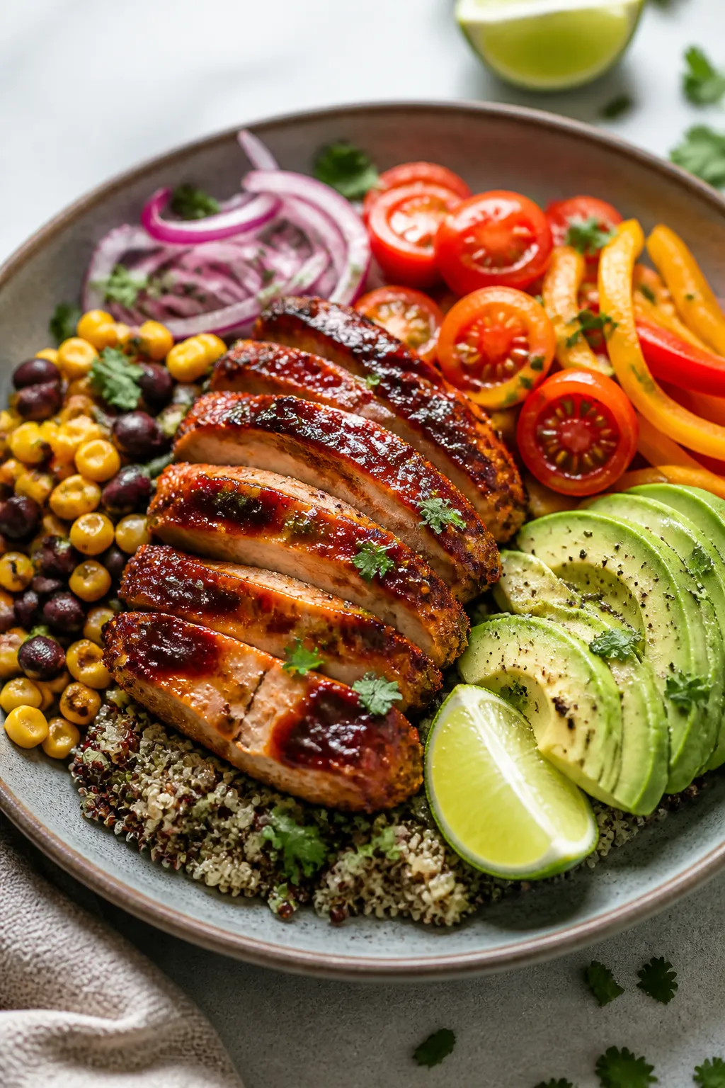 Final plated beauty: Restaurant-quality presentation of the finished BBQ chicken bowl on a matte sto