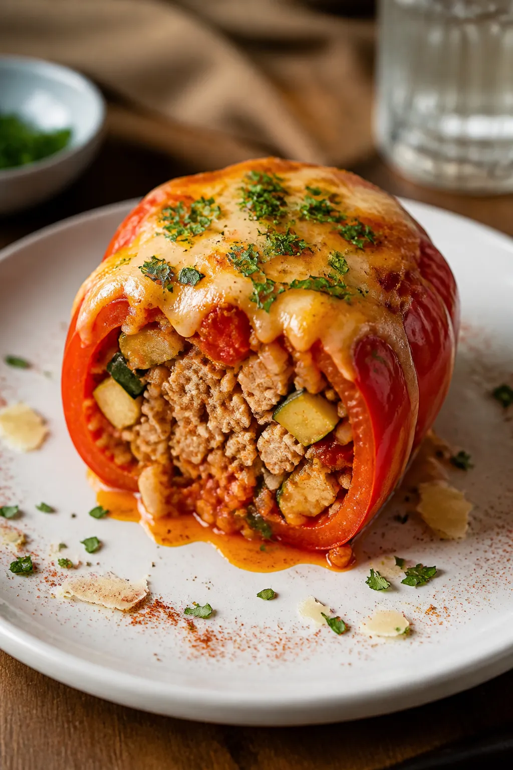 Final plated beauty: Restaurant-quality presentation of a single ground chicken stuffed pepper on a 
