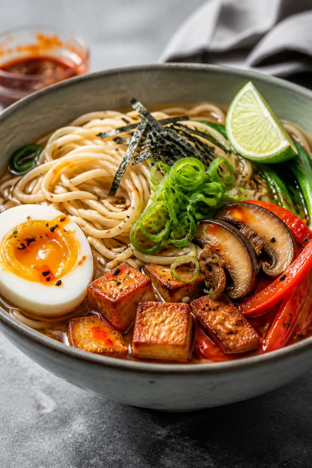 Final plated beauty: Restaurant-quality vegetable ramen bowl plated with toppings—springy noodles 