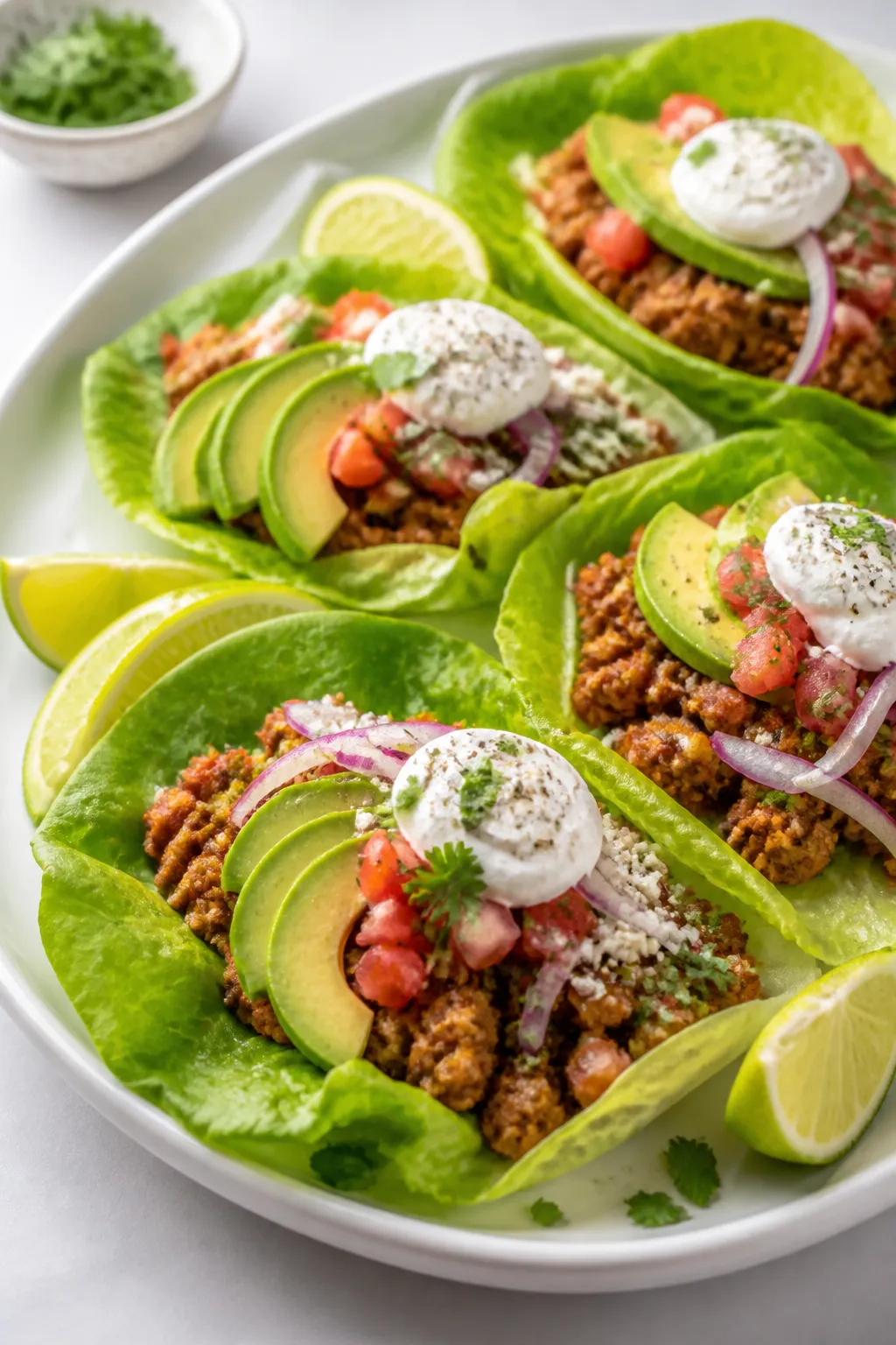 Final plated beauty shot: Ground chicken taco lettuce wraps arranged on a matte white oval platter,