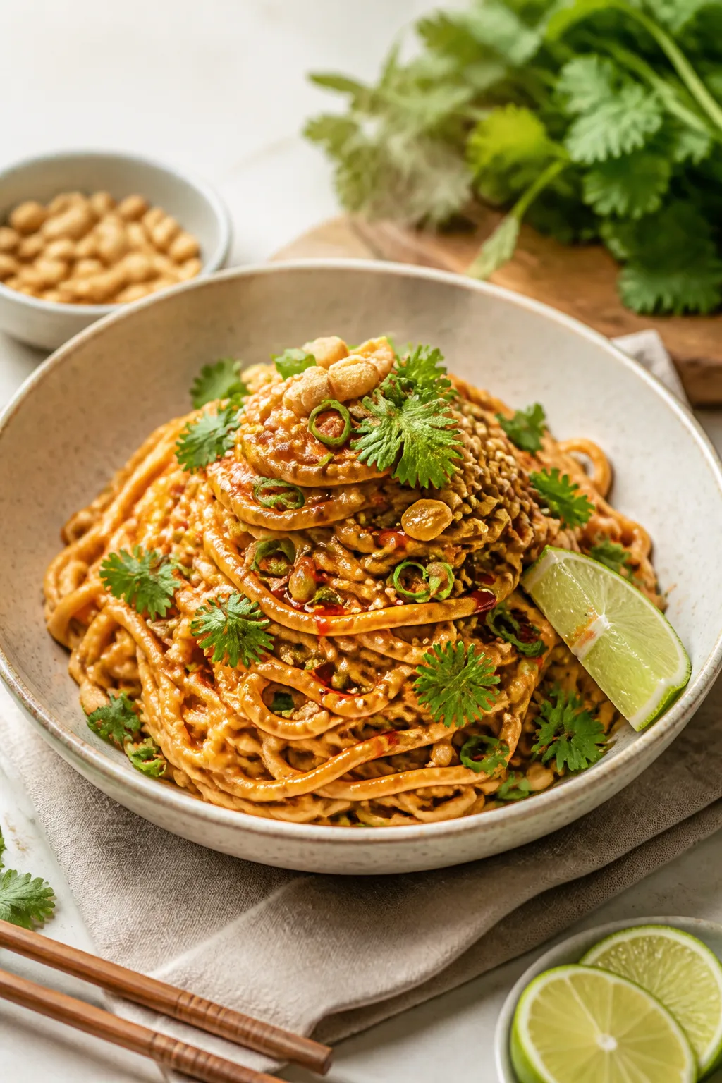 Final plated beauty shot: Spicy Peanut Ramen Noodles twirled high in a wide, shallow off-white ceram