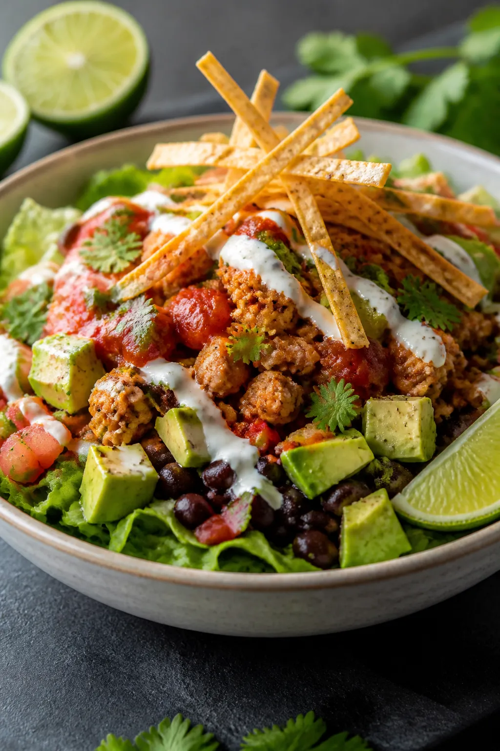 Final plated beauty shot: Three-quarter angle hero image of a single Ground Chicken Taco Salad Bowl,