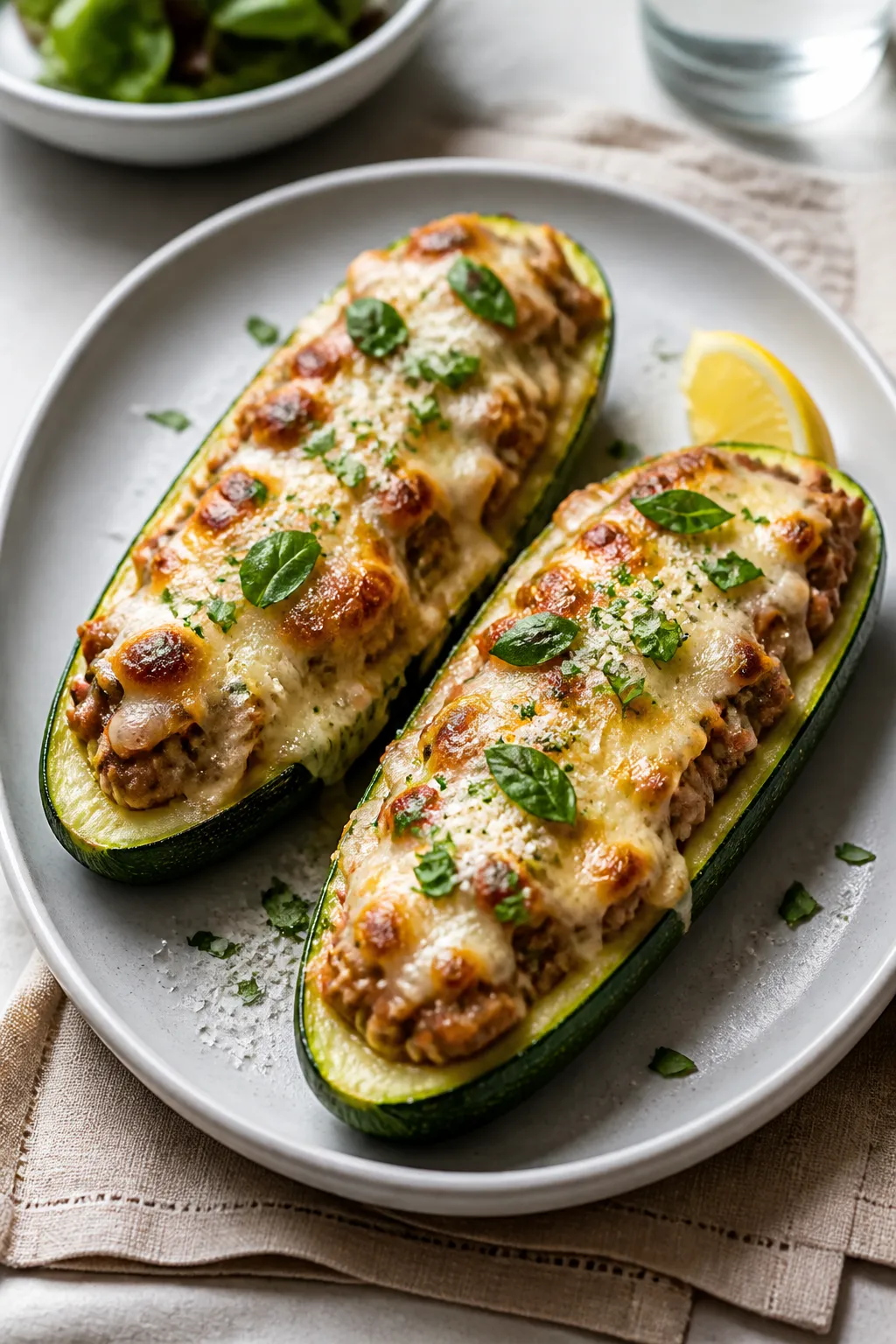 Final plated beauty shot: Two baked ground chicken zucchini boats on a matte white oval plate, chees