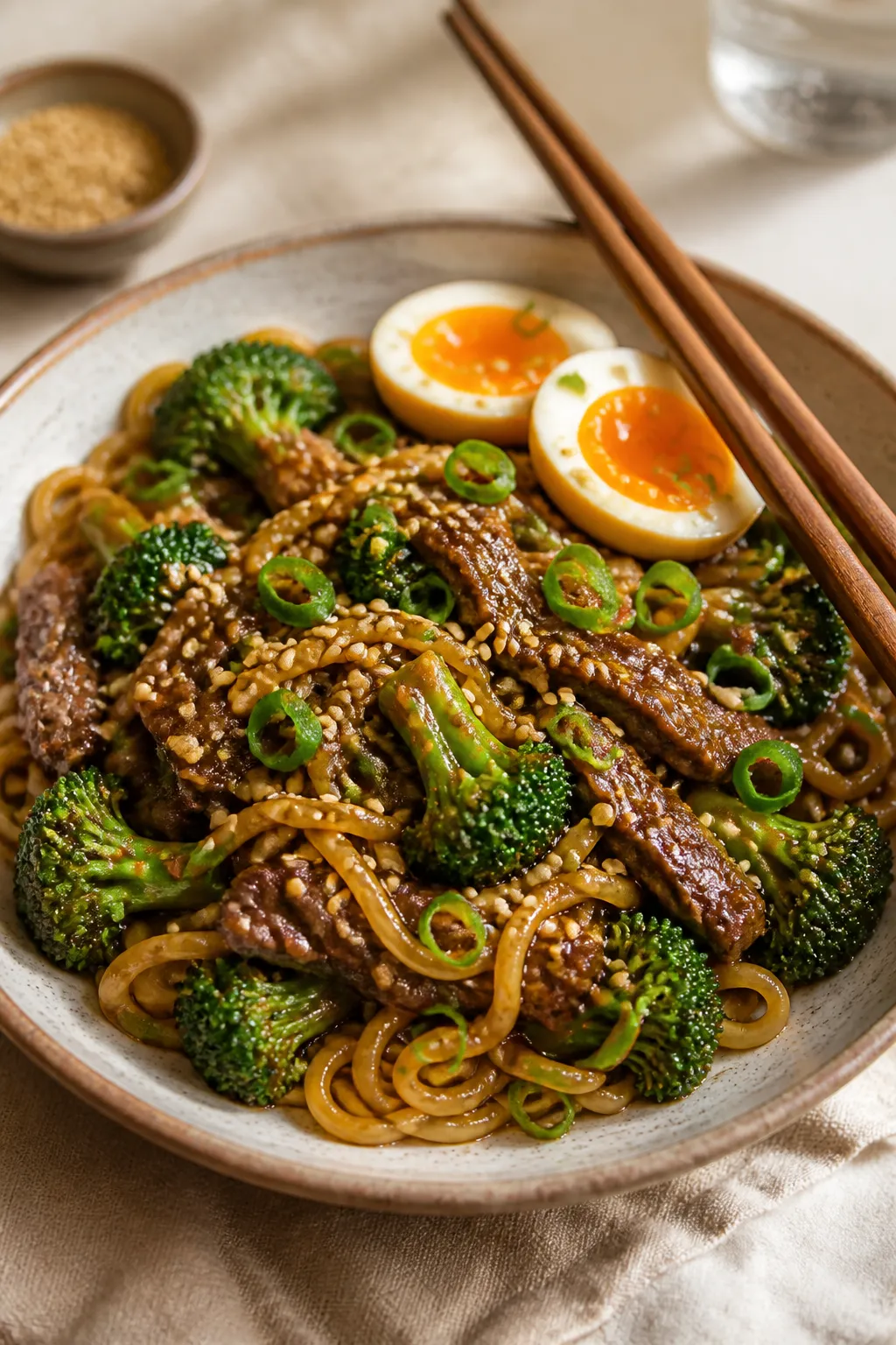 Final plated bowl, : Beautifully plated Easy Beef and Broccoli Ramen in a wide ceramic bowl—spring