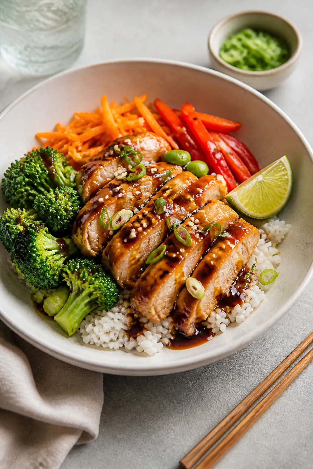 Final plated bowl beauty: Chicken Teriyaki Protein Bowl artfully arranged in a matte white shallow b