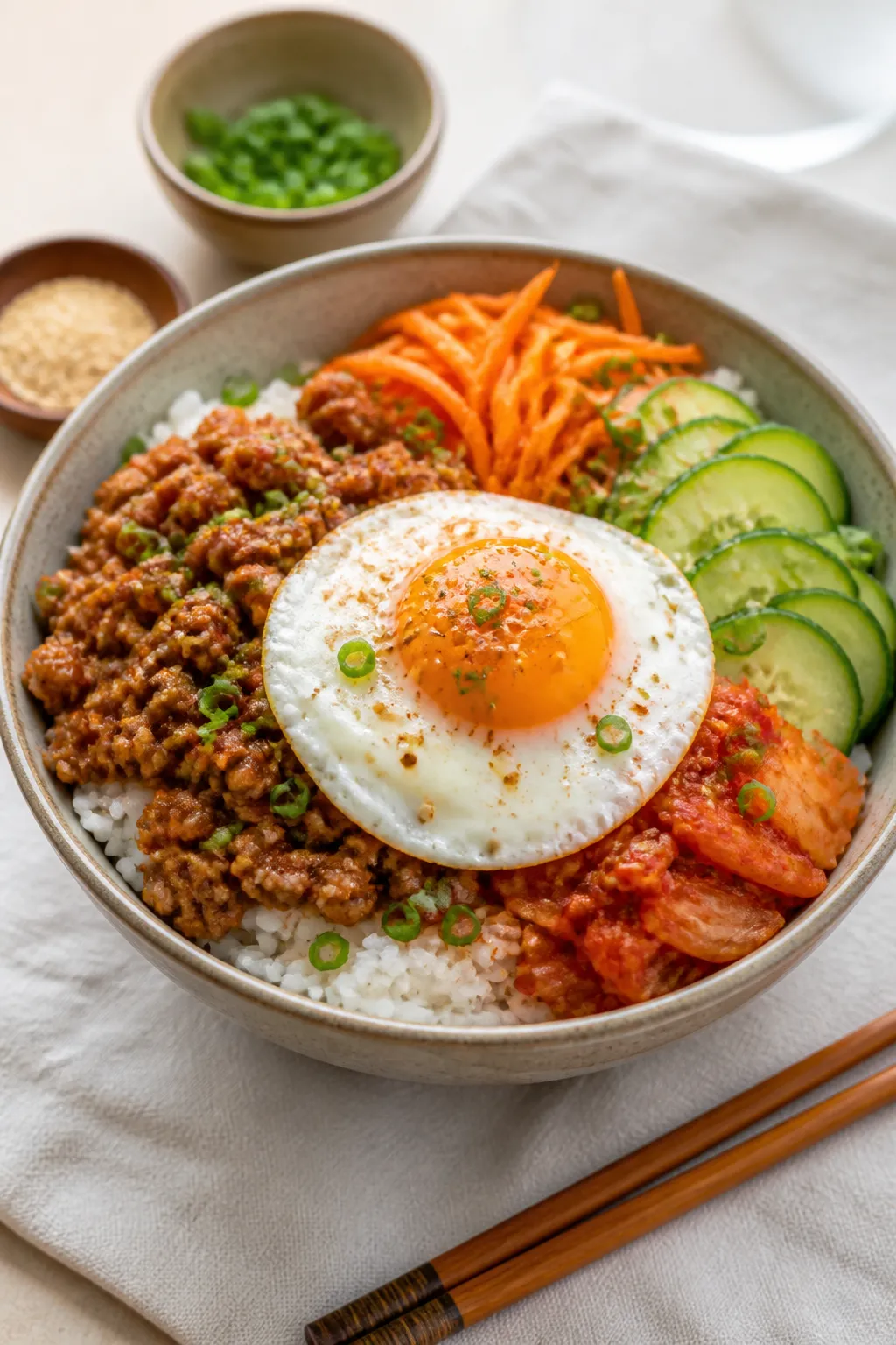 Final plated bowl beauty: Korean Ground Chicken Rice Bowl assembled with warm jasmine rice, a genero