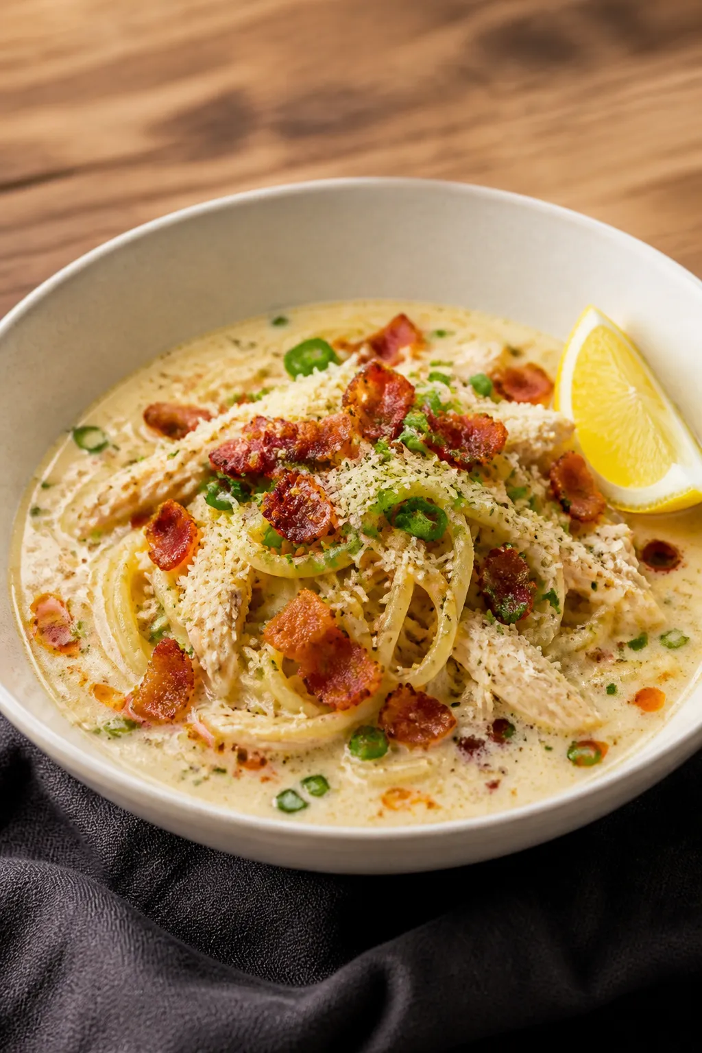 Final plated bowl, : Chicken bacon ranch ramen served in a wide, matte off-white bowl; creamy, velve