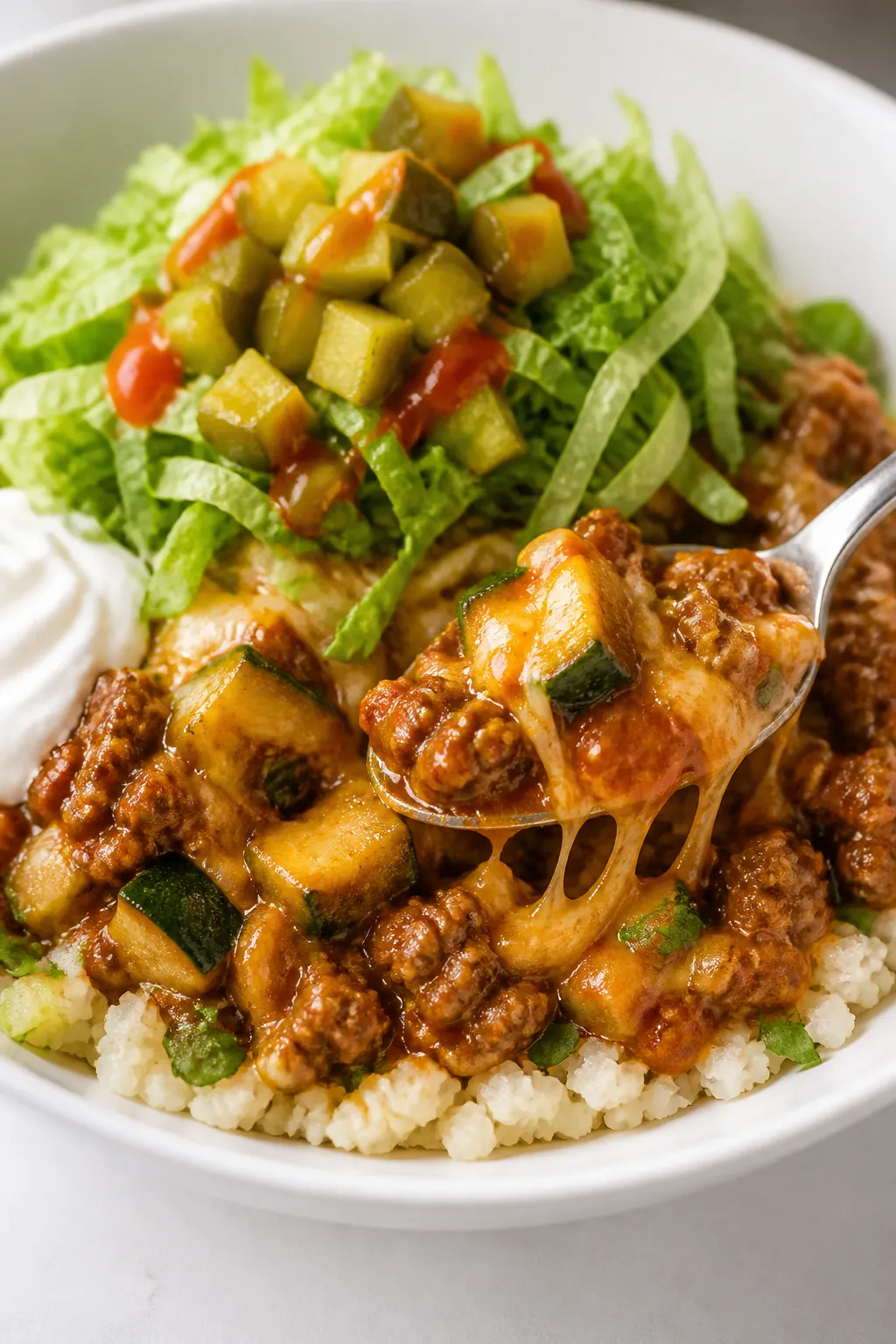 Final plated bowl, close-up detail: Beautifully plated Healthy Cheeseburger Skillet served over fluf