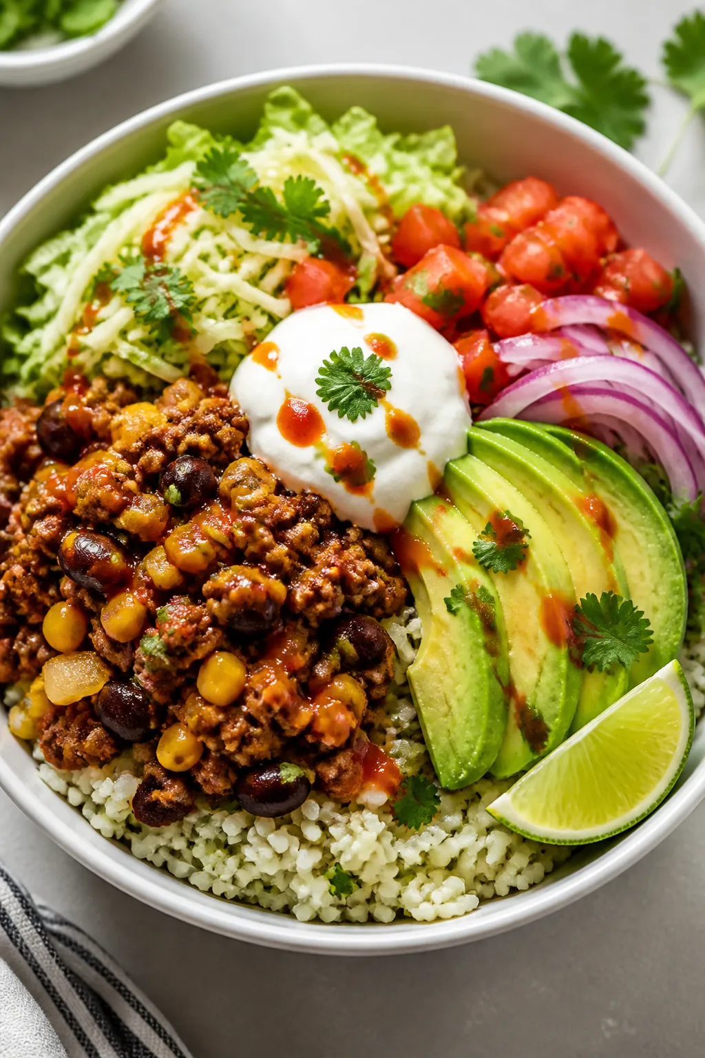 Final plated bowl, : Ground Turkey Taco Rice Bowl assembled in a white ceramic bowl with a base of f