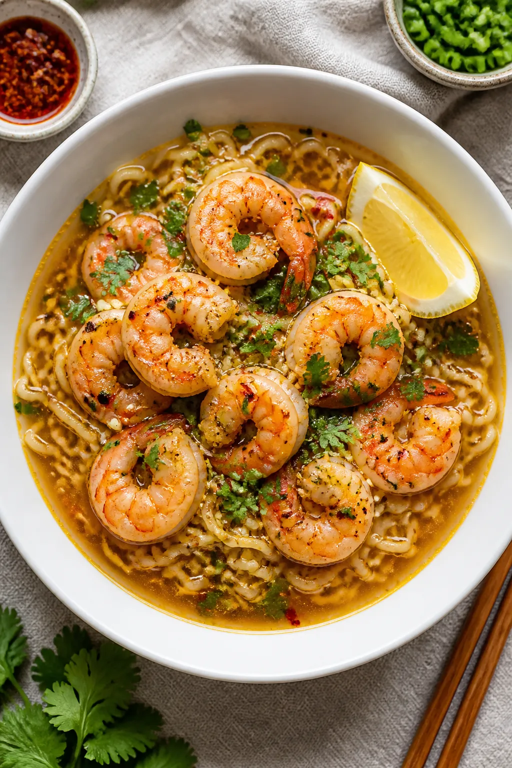 Final plated bowl, overhead: Garlic Butter Shrimp Ramen served in a wide white bowl—tender noodles