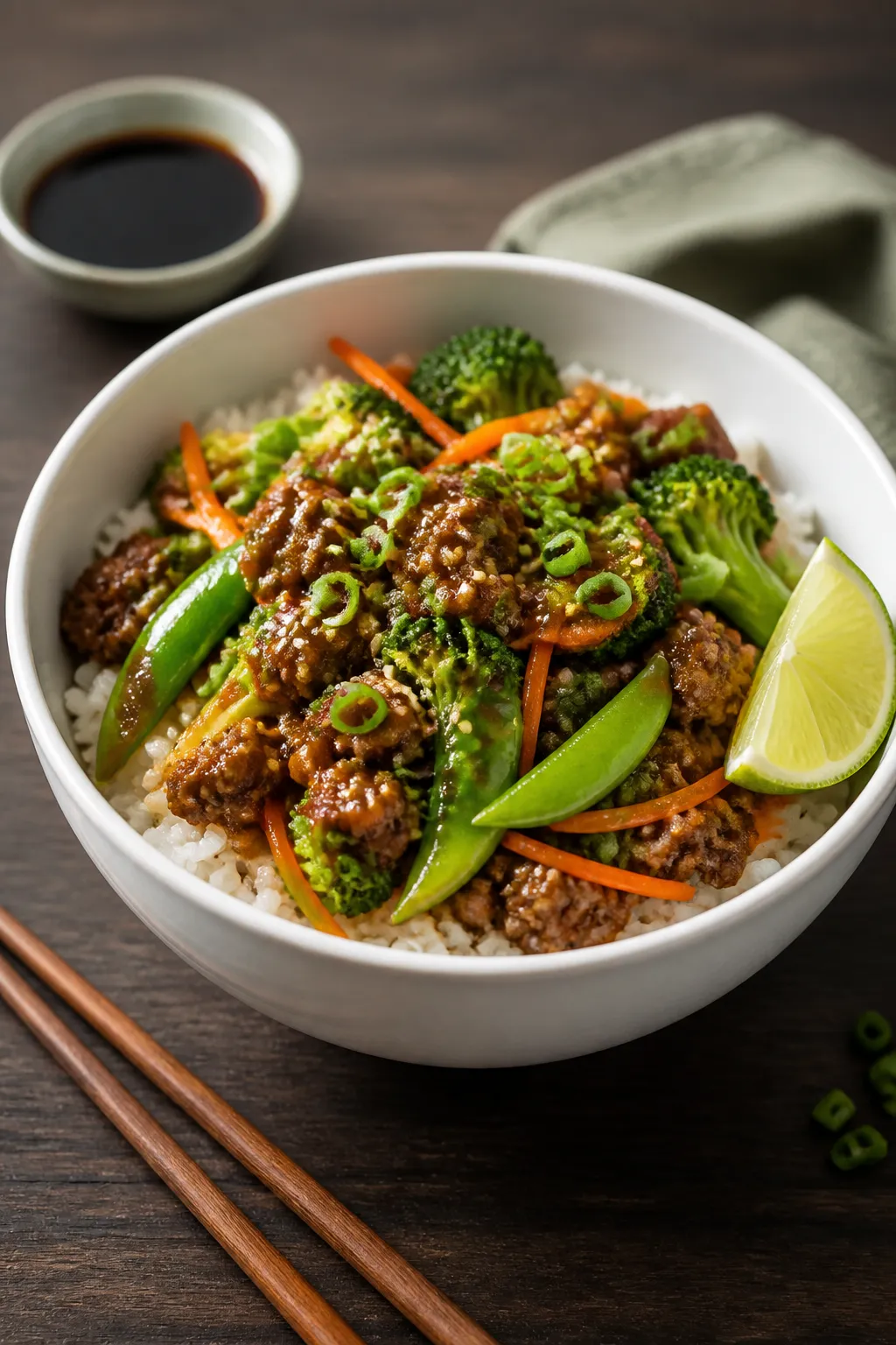 Final plated bowl, three-quarter angle: Ground Turkey Teriyaki Rice Bowl arranged in a matte white c