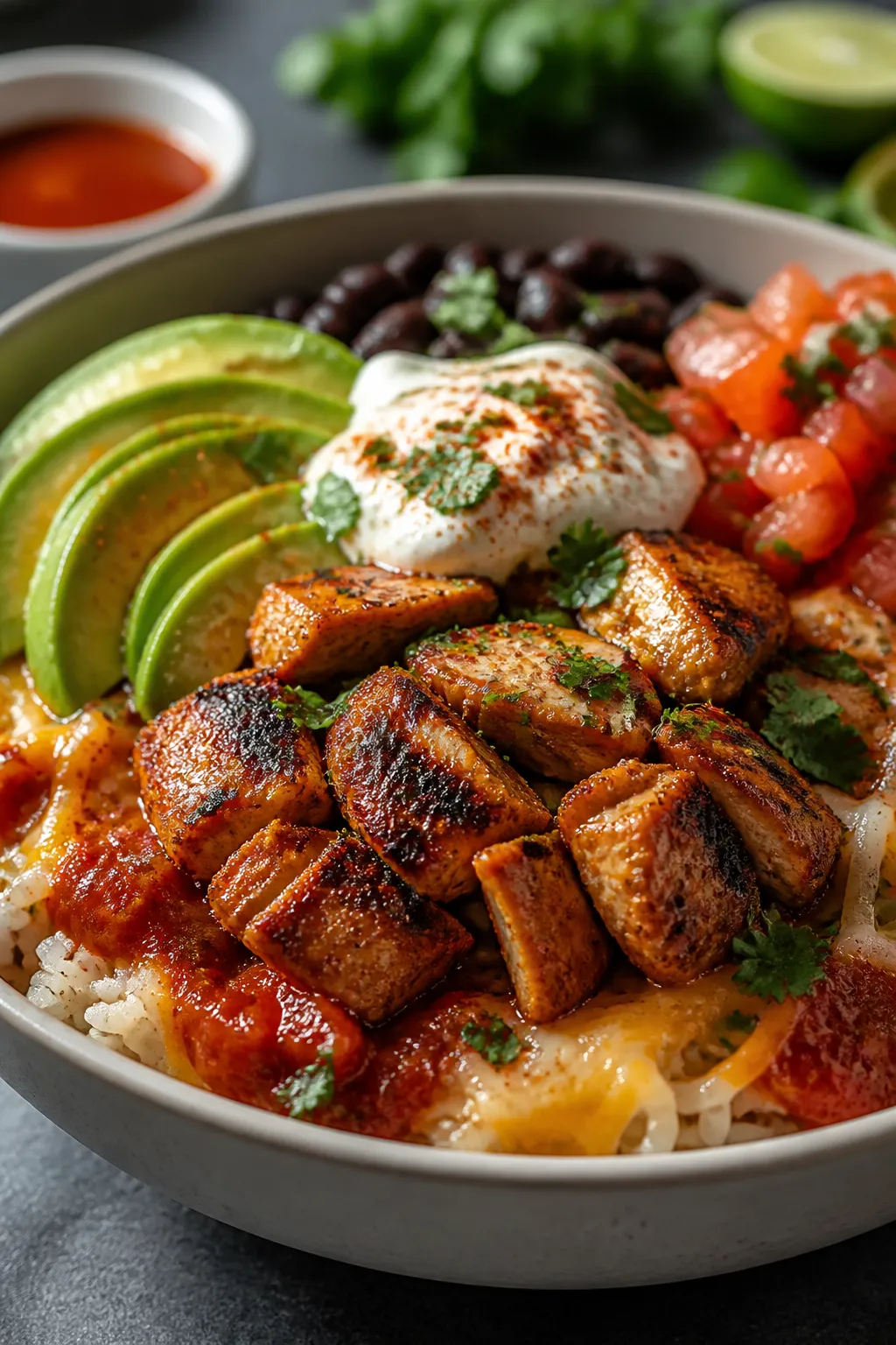 Final plated, close detail glamour shot: Beautifully plated Loaded Chicken Burrito Bowl in a wide sh