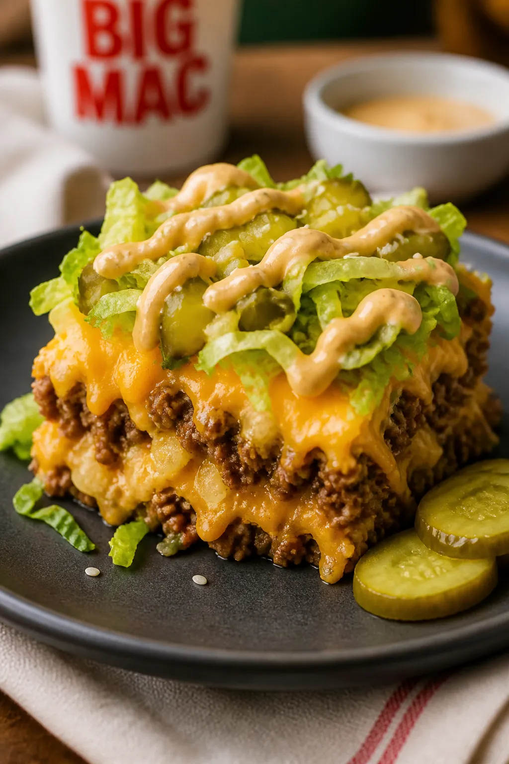 Final plated close-up: A tidy square of Healthy Big Mac Casserole lifted onto a matte charcoal plate
